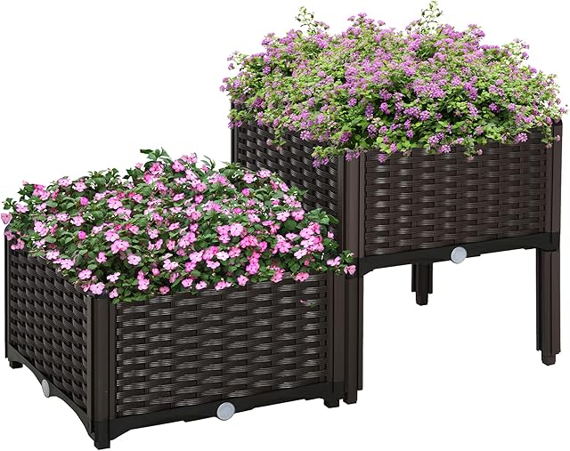 Outsunny Set of 2 26L Garden Raised Bed Elevated Patio Flower Plant Planter Box PP Vegetables Planting Container, Brown