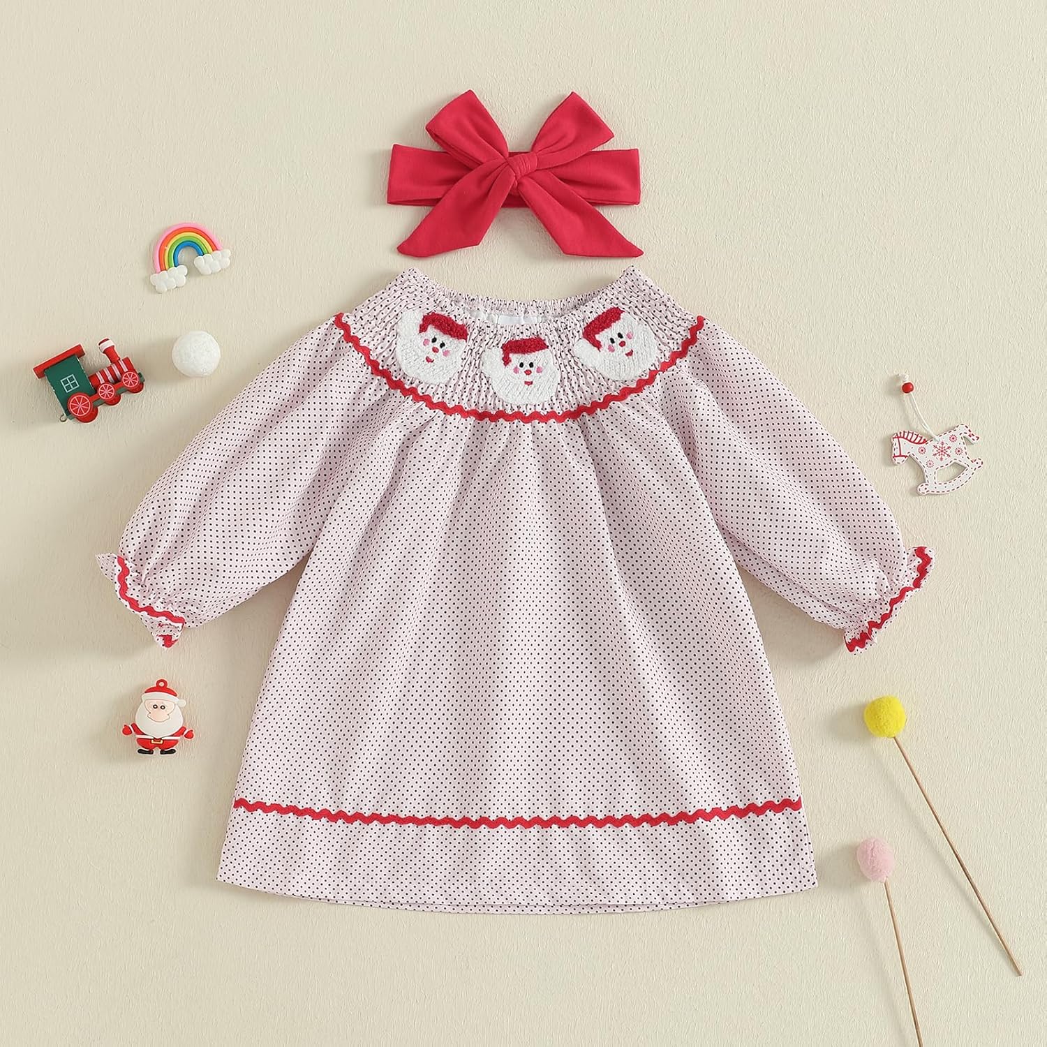 Toddler Baby Girl Christmas Dress Santa Long Sleeve A-line Smocked Christmas Dress for Winter Fall - Image 3