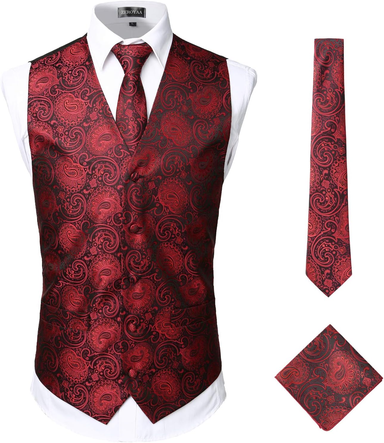 ZEROYAA Mens Classic 3pc Jacquard Paisley Vest Set Necktie Pocket Square Waistcoat for Suit or Tuxedo