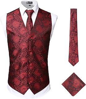 ZEROYAA Mens Classic 3pc Jacquard Paisley Vest Set Necktie Pocket Square Waistcoat for Suit or Tuxedo