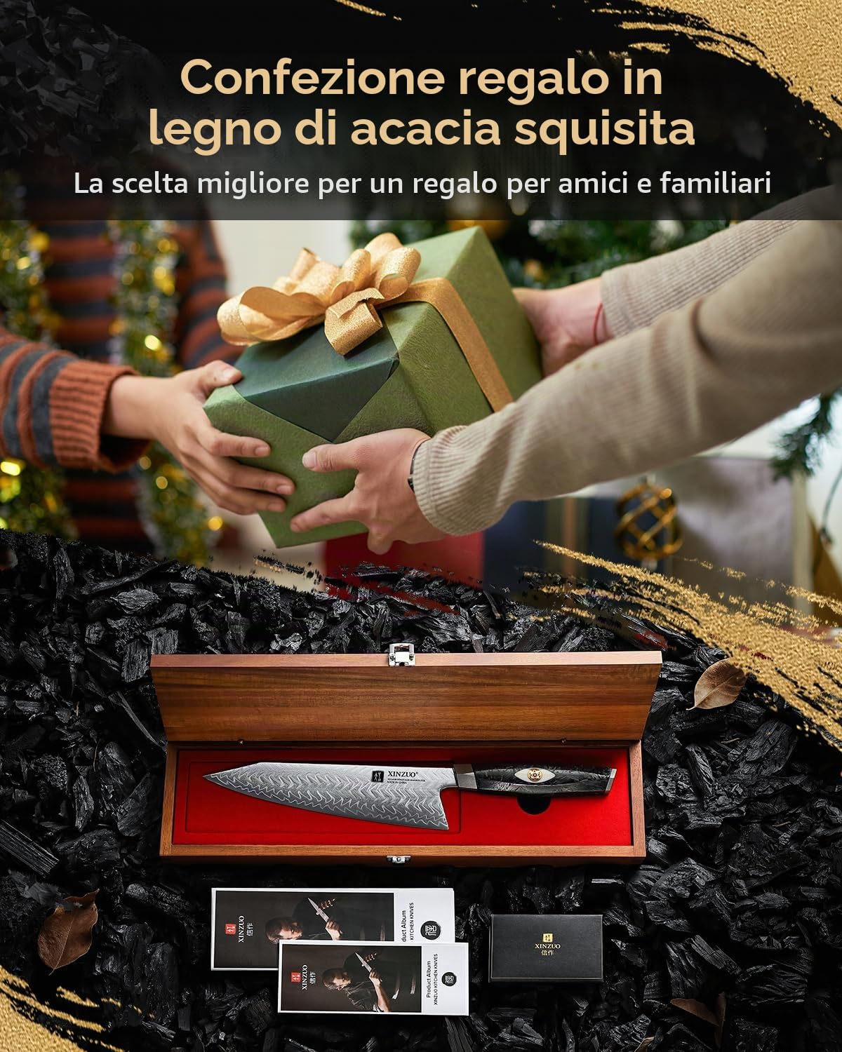 XINZUO 21,5cm Coltello da Cuoco Acciaio Damasco a 145 Strati Forgiato a Mano Professionale Coltello da Chef da Cucina -Acciaio in Polvere M390 Austriaco -Manico in Resina di Fibra di Carbonio Nera