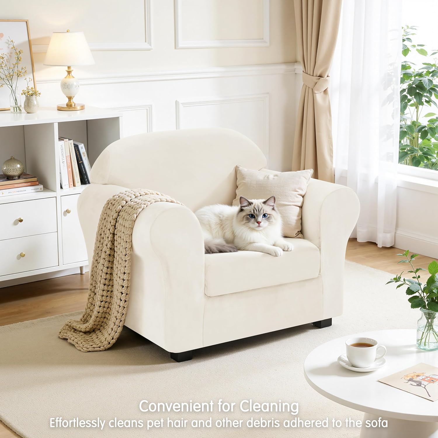 CHUN YI 2 Piece Velvet Armchair Cover Couch Covers 1 Cushion, Water Resistant Chair Slipcover with Arms, Non Slip High Stretch Thick Furniture Protector for Dogs Pets, Small, Ivory White