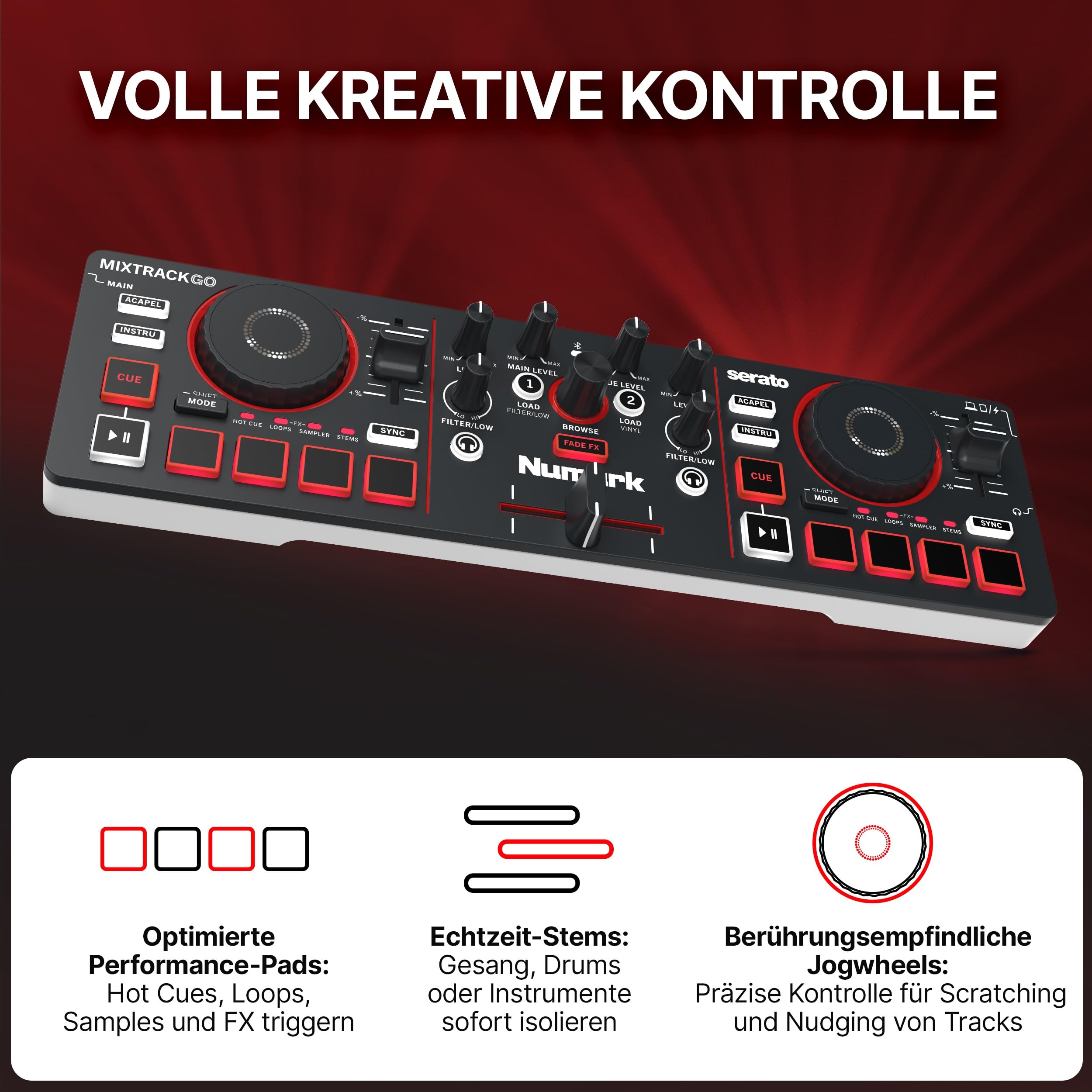Numark Mixtrack Go Kompakter Bluetooth-DJ-Controller mit Stems-Control | 2-Deck-DJ-Mixer, für Anfänger & mobile DJs, Smart Fader, USB-C, Serato DJ Lite & Algoriddim djay, Gen 4