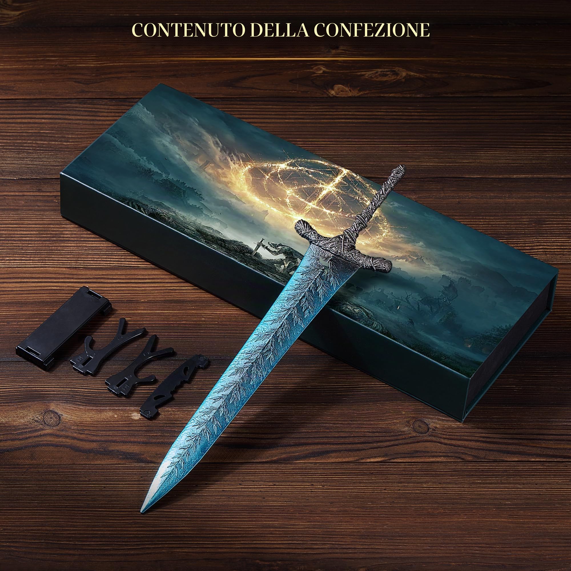 RACEROCKET Elden Ring Mandoble Luna Oscura - Spada dritta da cavaliere, modello da 30 cm, spada artigianale in metallo con supporto da esposizione, spade per arti marziali, action figure giocattolo