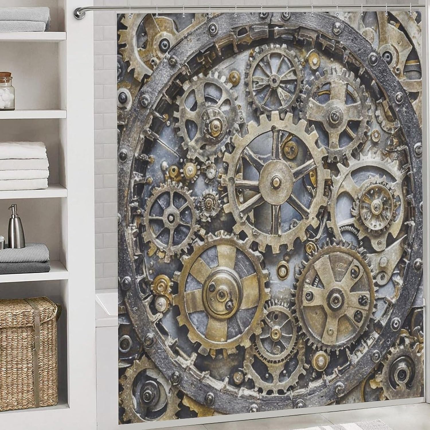 Steampunk Mechanical Gears Shower Curtain Set 4 Piece, Non-Slip Bath Mat with Toilet Lid Cover and Waterproof Shower Curtain with 12 Hooks, Complete Bathroom Set for Home Decor