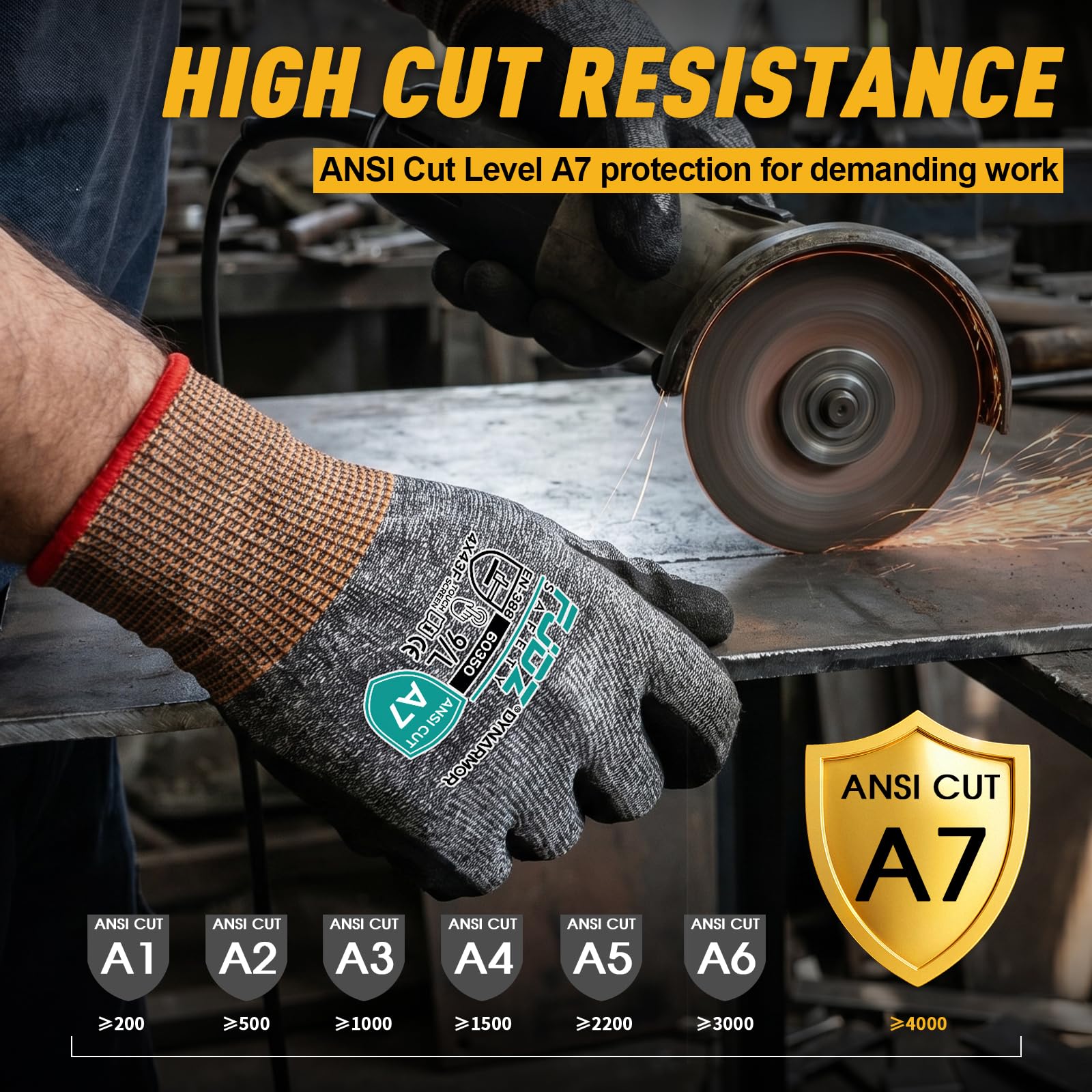 ANSI A7 Guanti resistenti al taglio con rivestimento in nitrile sabbioso per touch screen per la lavorazione del legno, magazzino, manico in vetro, giardinaggio, costruzione,