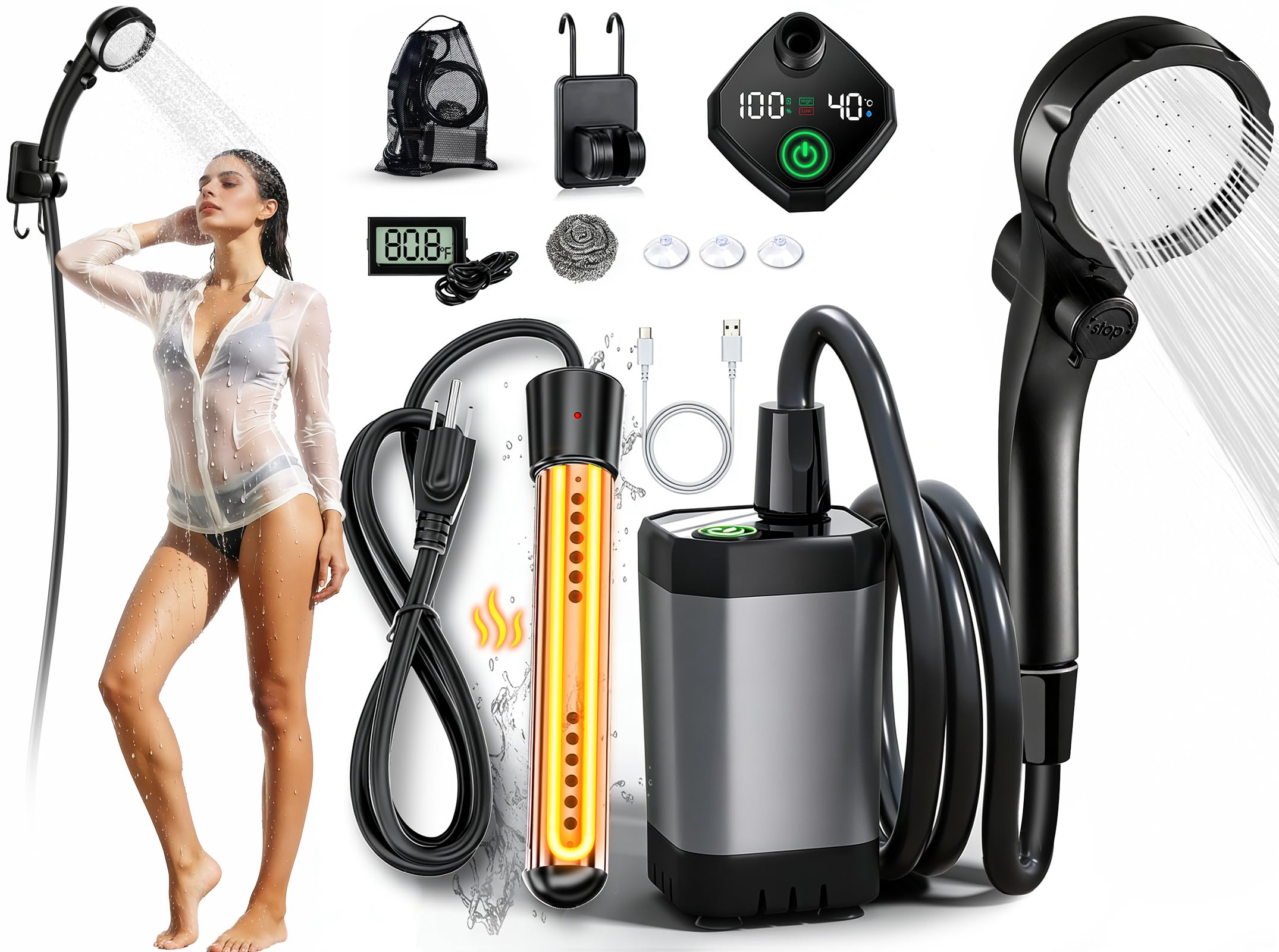 2026 Upgraded Portable Camping Shower with Heater,2000W