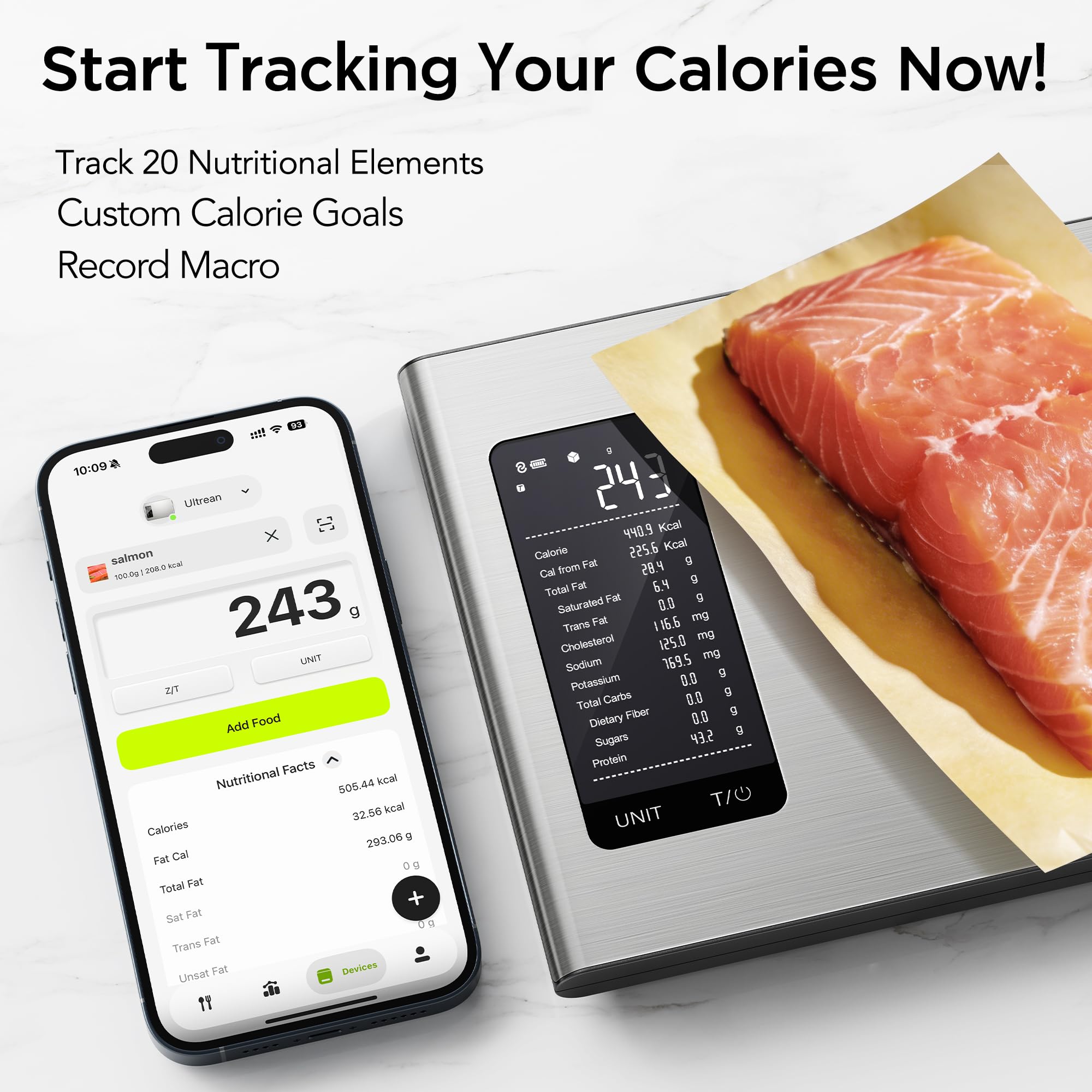Ultrean - Báscula inteligente de cocina con calculadora nutricional, APP para seguimiento de calorías y macronutrientes, con IA, seguimiento de objetivos, báscula digital de calorías para perder peso