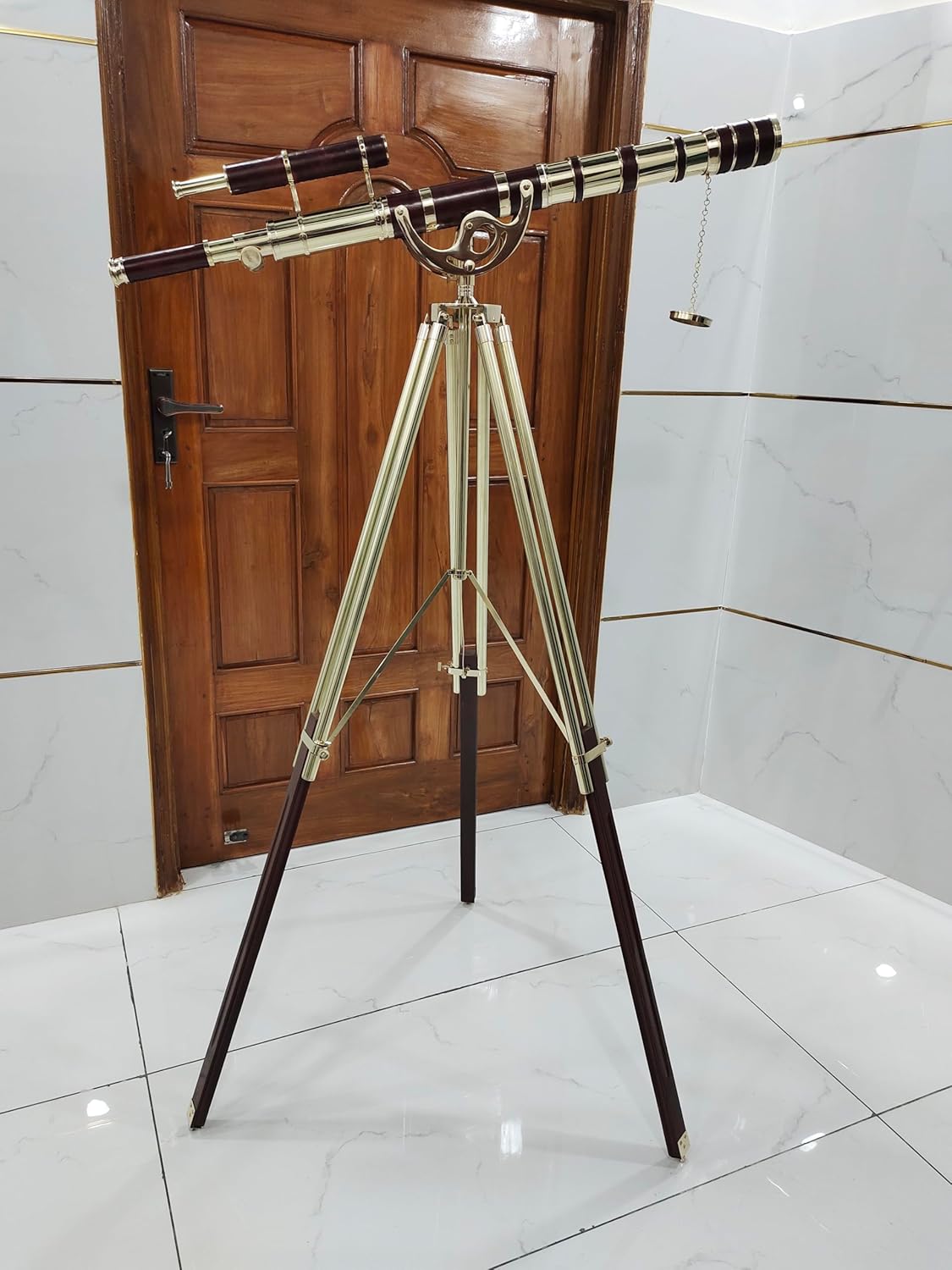 Vintage Brass Telescope with Wooden Tripod Nautical Floor Standing Double Barrel Shiny Finish Unique Red Leather Wrap Spyglass Decorative Collectible for Home, Office & Gift Display