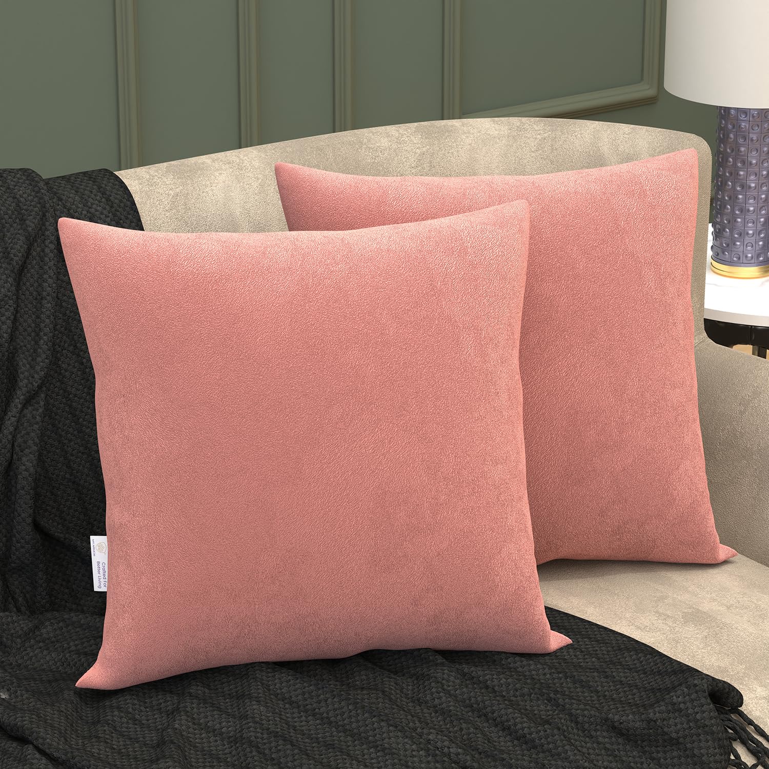 MY ARMOR Velvet Cushion Covers Set of 2-16 x 16 Inches / 40 x 40 Cm, Soft & Luxurious Cushion Cases for Bedroom, Sofa, Chair & Living Room - Peach