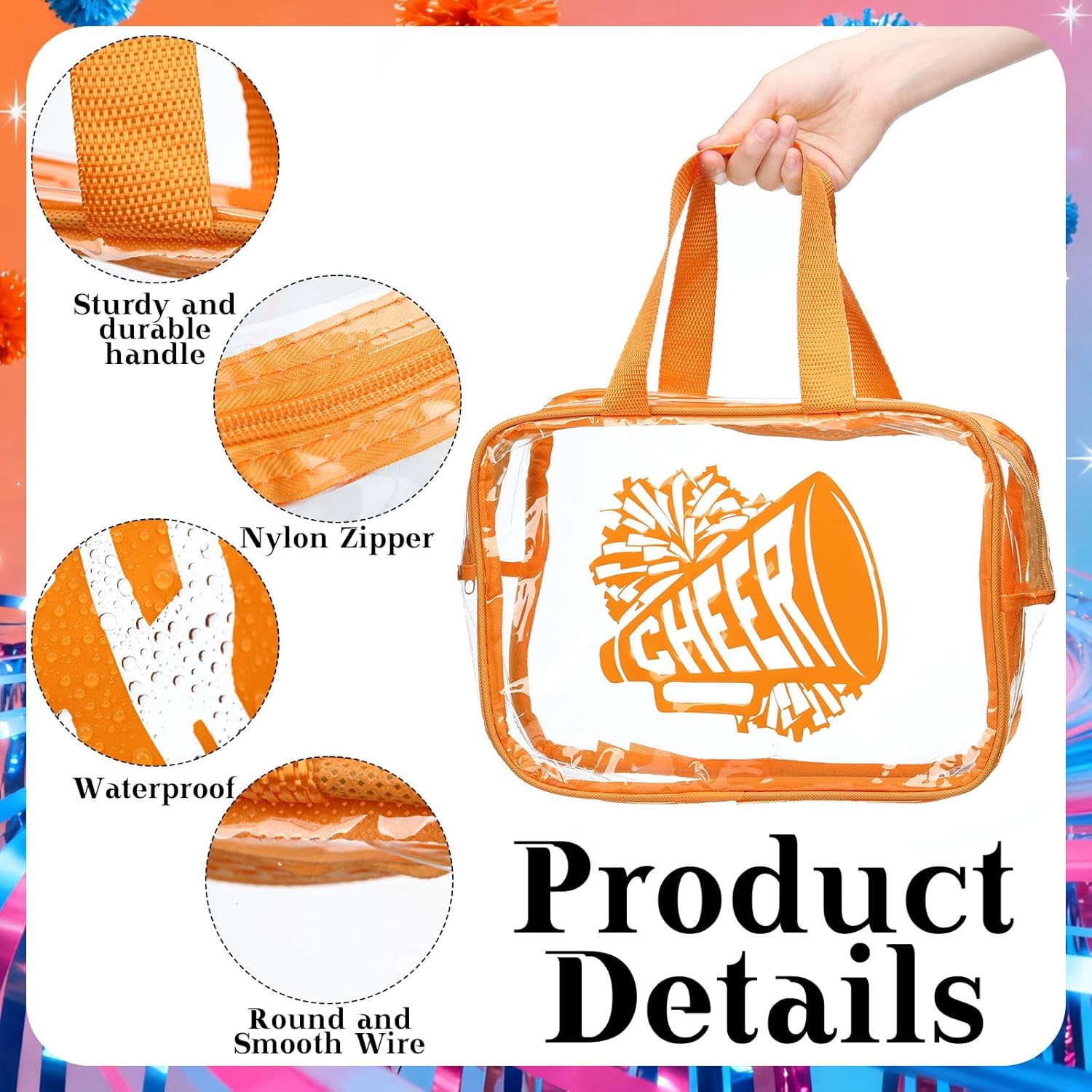 Kacctyen 12 Pcs Cheer Large Clear Toiletry Cosmetic Makeup Bag with Zipper and Handle Cheer Snack Bag Bulk for Team 12 x 9 x 4 Gift Bags Tote Pouch Cheerleading Teammates Party Supplies(Orange)