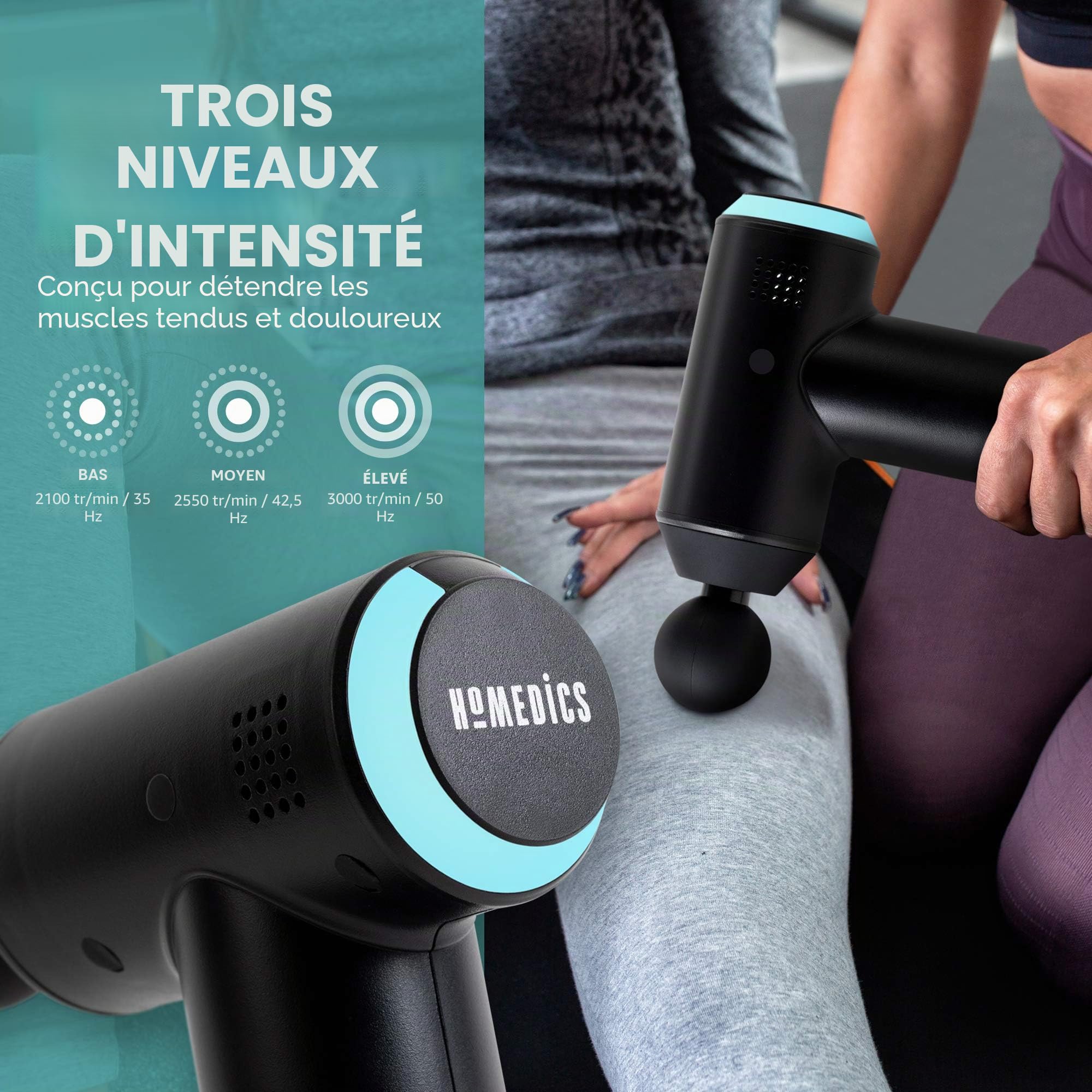 HoMedics Pistolet de Massage professionnel pour tissus profonds – 3 tètes et vitesses réglables - Idéal pour la récupération sportive, les courbatures et détendre les muscles – Noir
