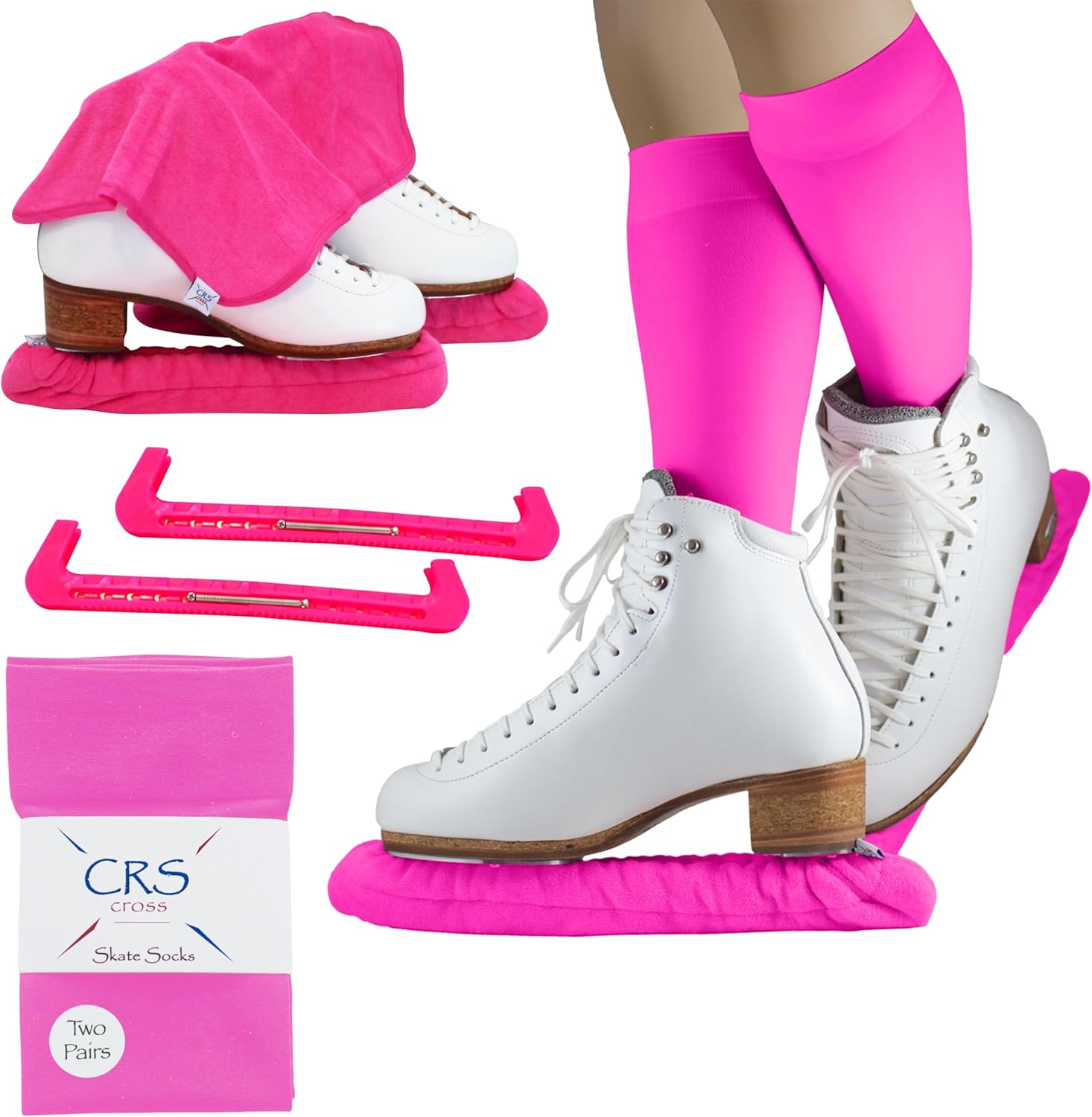 CRS Cross Skate Guards, Soakers & Towel Set (Power Pink Large) and 2 Pair Figure Skating Socks (Power Pink)