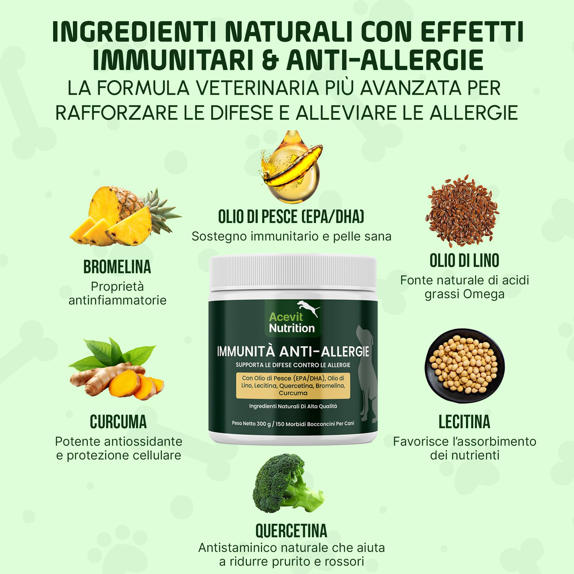 Prurito Cane & Pelle Sensibile, 150 Bocconcini, 100% Naturali – Integratore Anti-Allergie e Immunità – Olio di Pesce EPA/DHA, Quercetina, Curcuma e Bromelina – Supporto Cute e Pelo | Acevit Nutrition