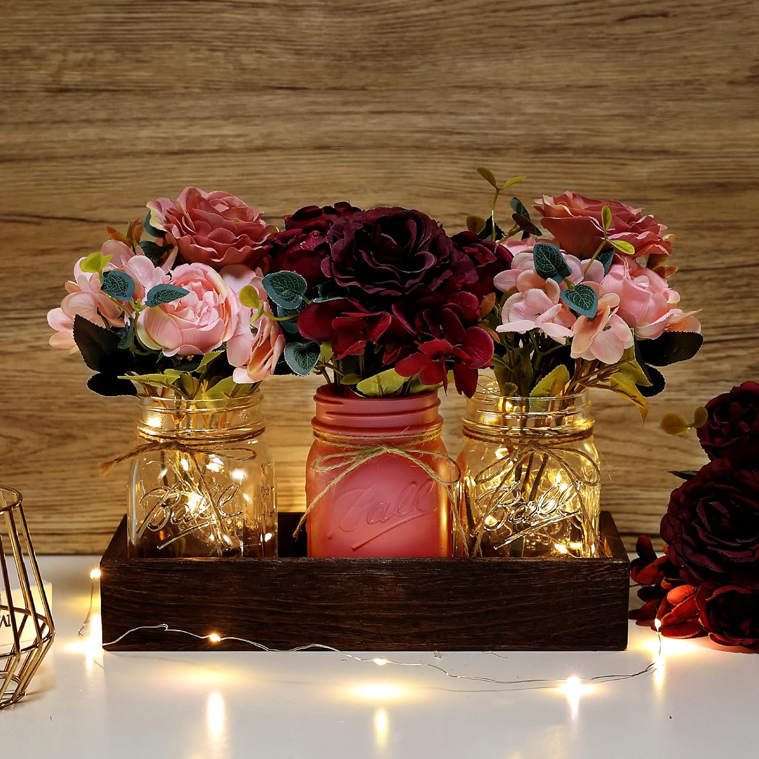 Mason Jar Centerpiece Table Decor for Dining Room Farmhouse Coffee Table Decor with Wood Tray Fairy Lights Fake Flowers for Valentine's Day Kitchen Living Dining Room - Burgundy Pink, 11 inches - Image 4