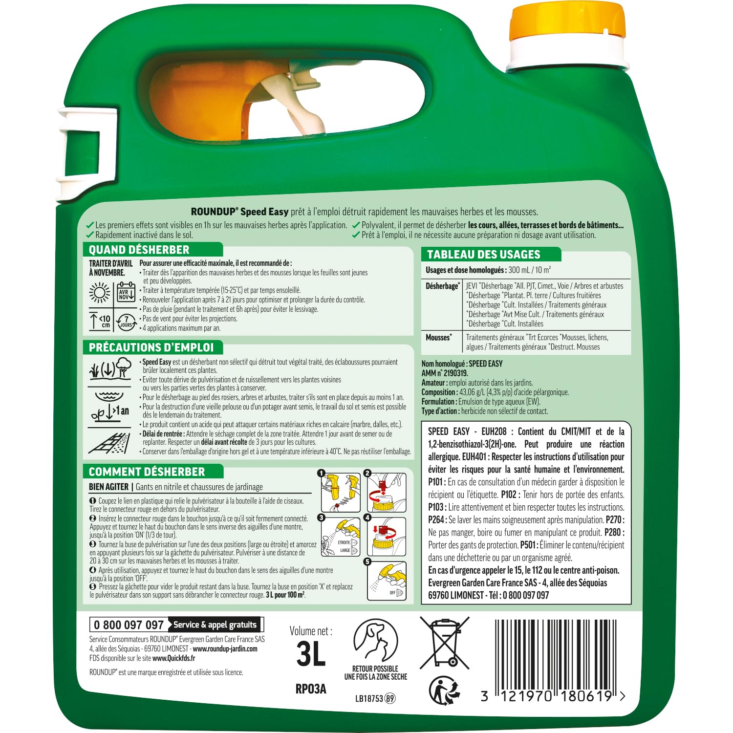 ROUNDUP RPO3A Désherbant Jardin Polyvalent 3 L Acide Pélargonique 100m²