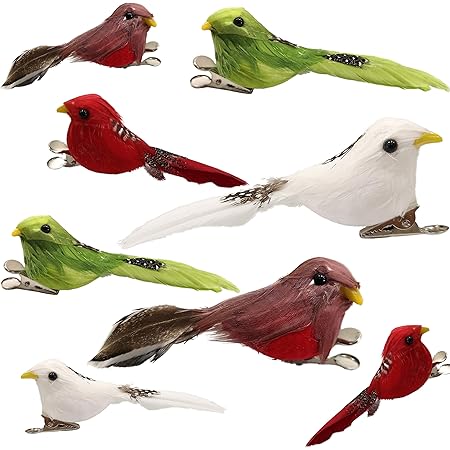 Athoinsu 8 PCS Artificial Christmas Feather Robin Birds with Clips Handmade Spring Xmas Holiday Yard Garden Lawn Tree Decor Party Favors