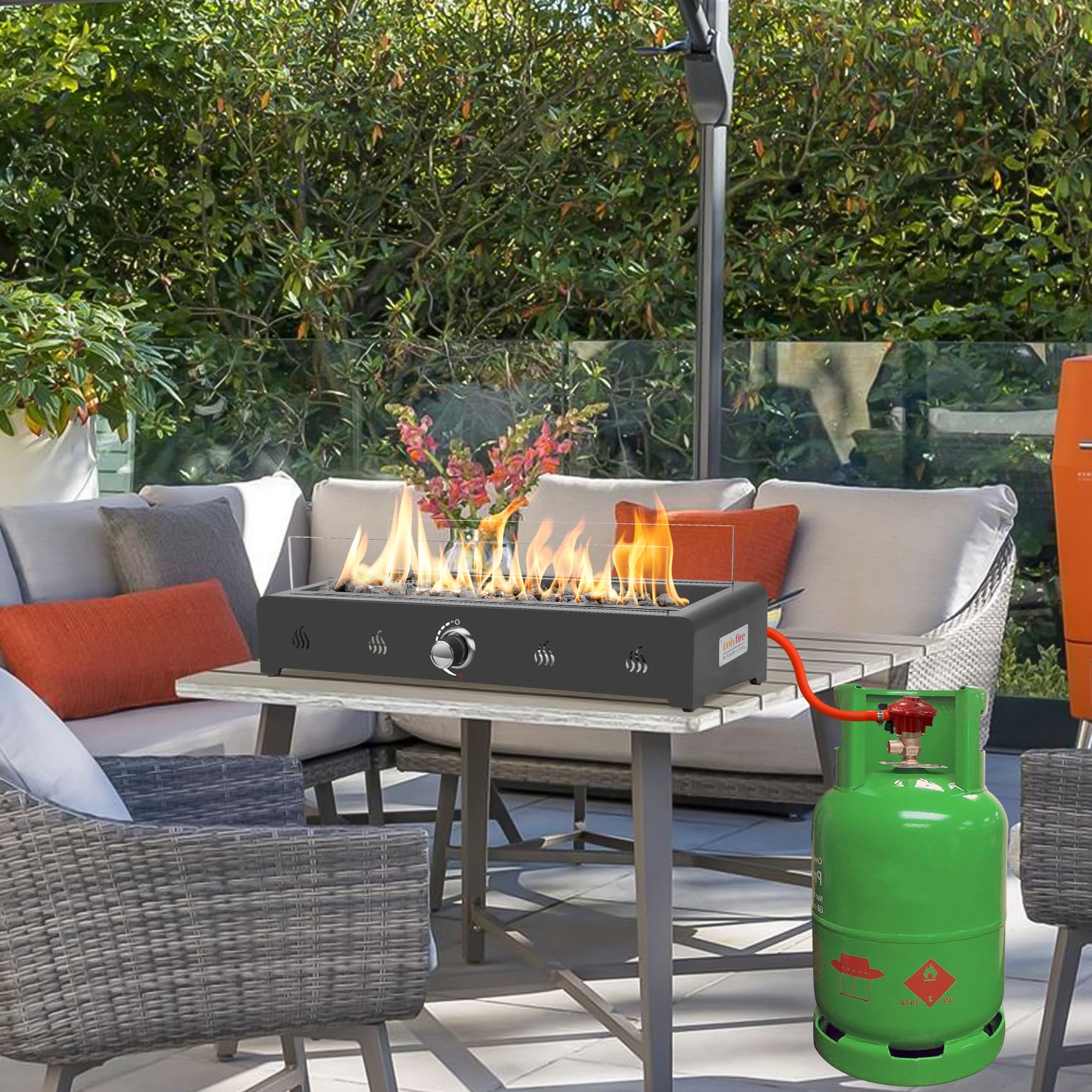 Onlyfire Braciere a gas rettangolare da tavolo, 6,5 kW, riscaldatore esterno con pietre laviche e protezione antivento in vetro, braciere propano per patio, cortile