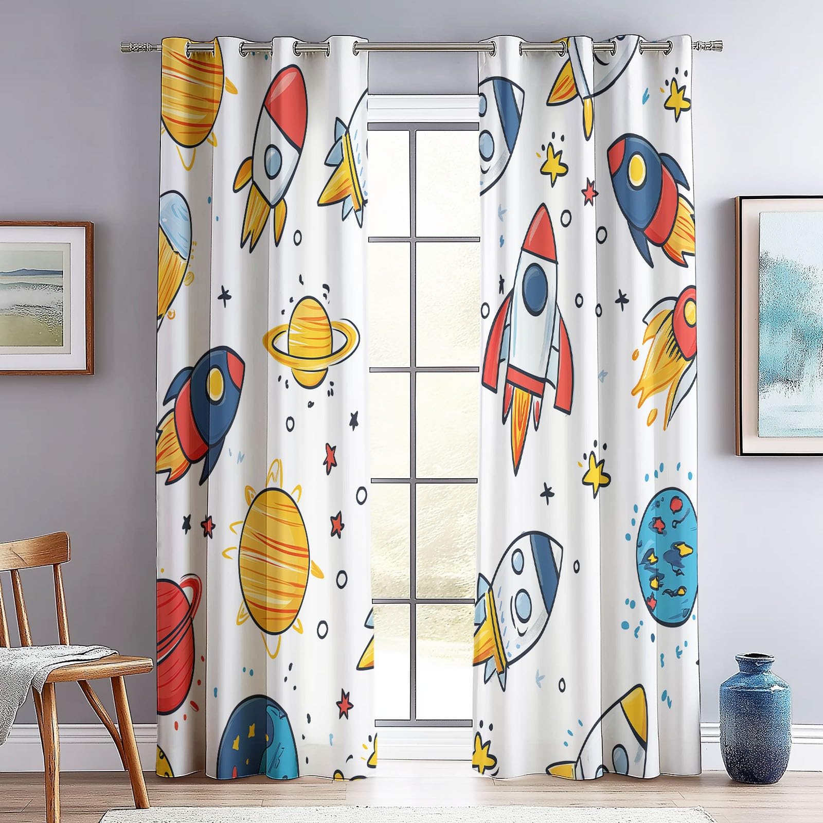 Cortinas Opacas Blanca Salon, Dibujos Animados Cohete Planeta patrón Cortina Termicas Aislantes, 140An x 225Al cm (2 Paneles) Decoración de Ventanas para Dormitorio Cocina