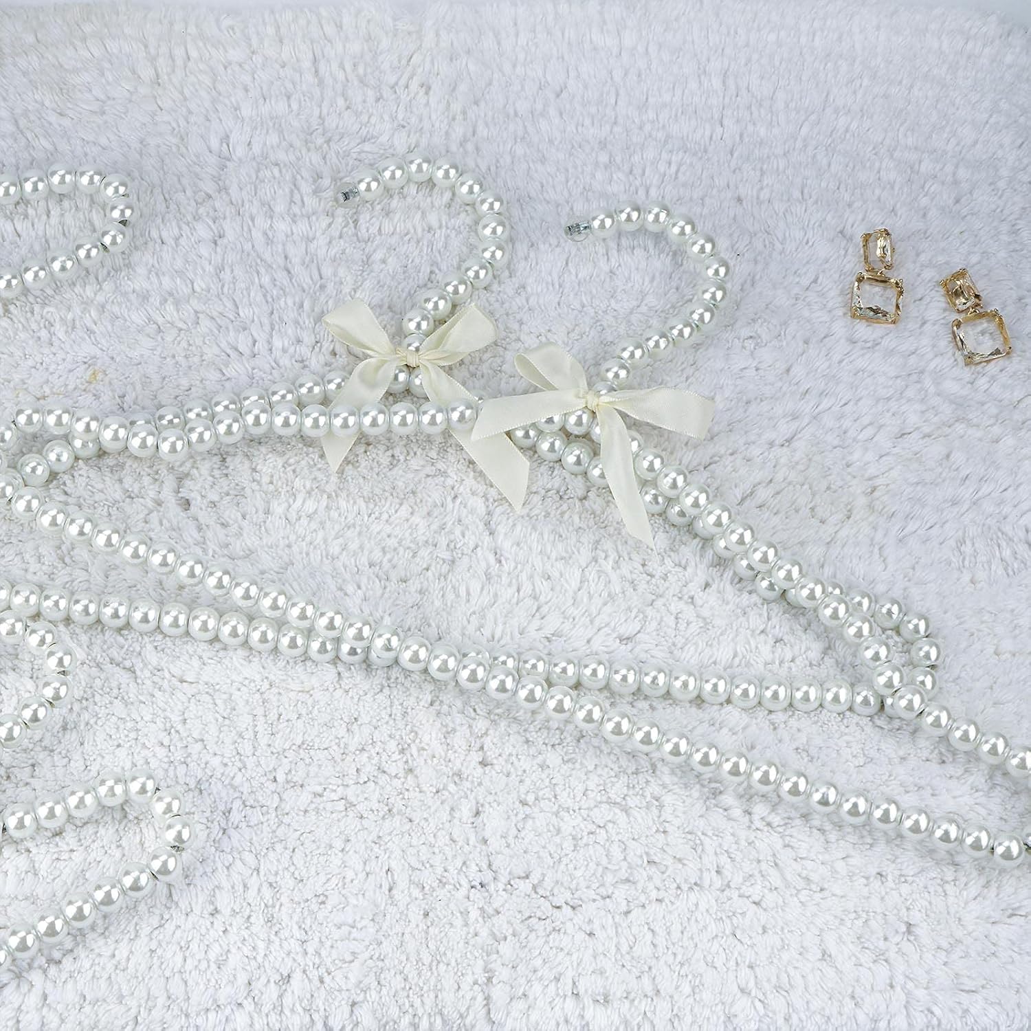 Adorila 5 Pack Pearl Clothes Hangers, Elegant Bowknot Bridesmaid Hangers for Wedding Dress, Heavy Duty Metal Core Bridal Prop (White)