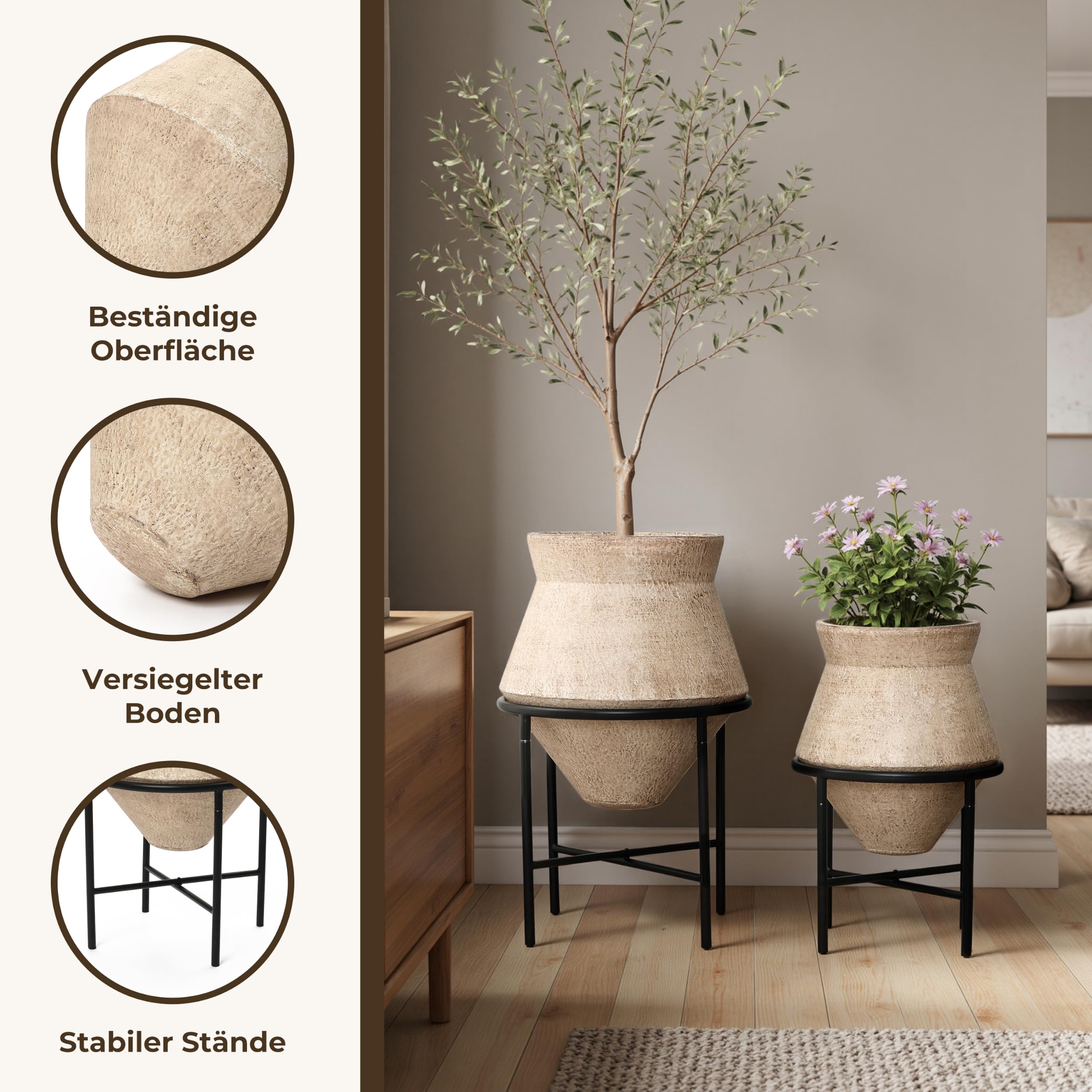 Hometopia 2er Blumentopf Set Frostsicher Formstabil Ø31 & 25 cm ohne Ablaufloch (Hellbraun)
