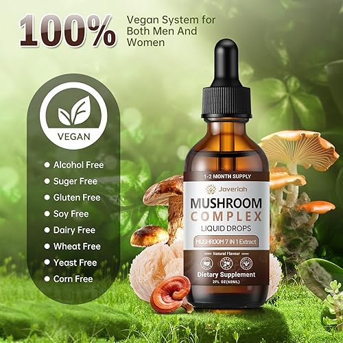 Miniatura 6 de Suplemento de gotas líquidas complejo de hongos  melena de león, shiitake, trompeta rey, cola de pavo, reishi, cordyceps y chaga, tintura vegana 7