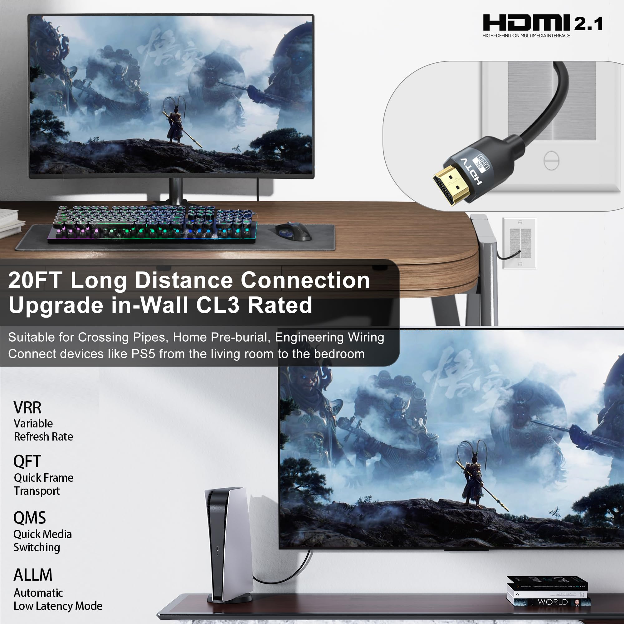 Cavo HDMI 2.1 da 6,8 m, 8 K, CL3, supporta 8K a 60Hz, 4K a 120Hz, HDR10+, eARC, SBTM, VRR, QFT, ALLM, 3D, HDCP 2.3 per TV, monitor, computer, laptop, PS5/4/3, Xbox, Soundbar