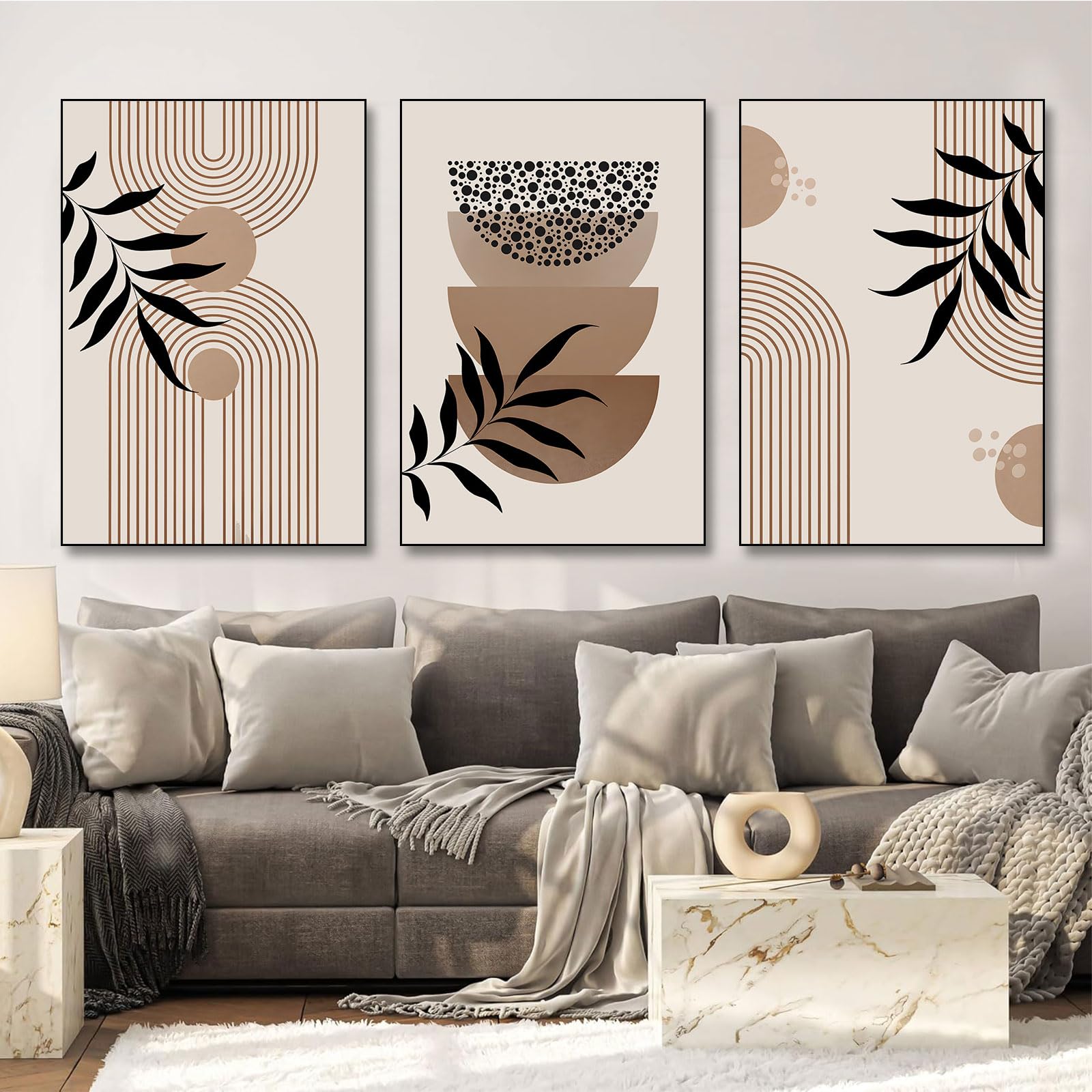 BNREDA Juego de 3 pósteres bohemios, línea abstracta en lienzo, arte de pared, póster moderno de línea geométrica, decoración para salón, dormitorio, sin marco (B, 40 x 60 cm x 3, sin marco)