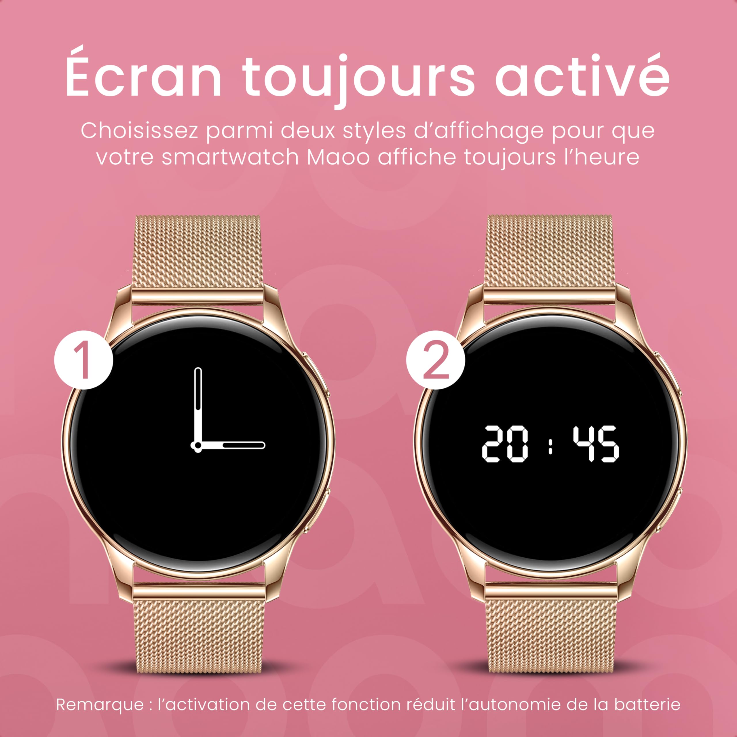 maoo Montre connectée Ventura pour Femme avec Fonction d’Appel, écran AMOLED 1,32 Pouce, cardiofréquencemètre, SPO₂, tensiomètre, Plus de 100 Modes Sport, étanche IP67, 5 Bracelets Inclus (Or Rose)