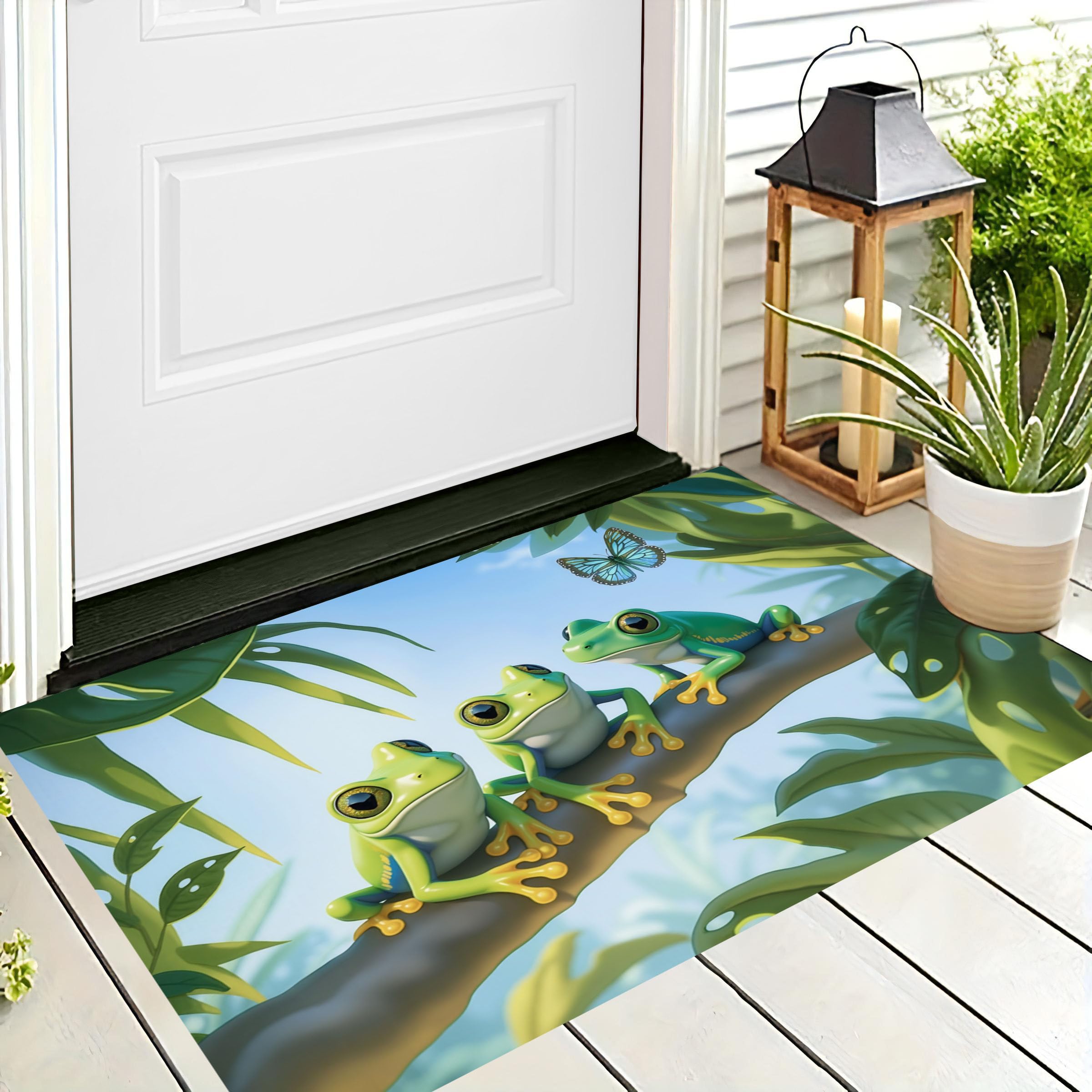 Felpudo de entrada para casa con ranas tropicales, 45x75 cm y base antideslizante
