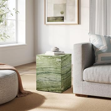 Modway Jordana Indoor Outdoor Concrete Side Table in Green Marble Square Plinth End Table with Faux Stone Finish - Concrete Furniture Accent Table for Patio, Garden, or Living Room