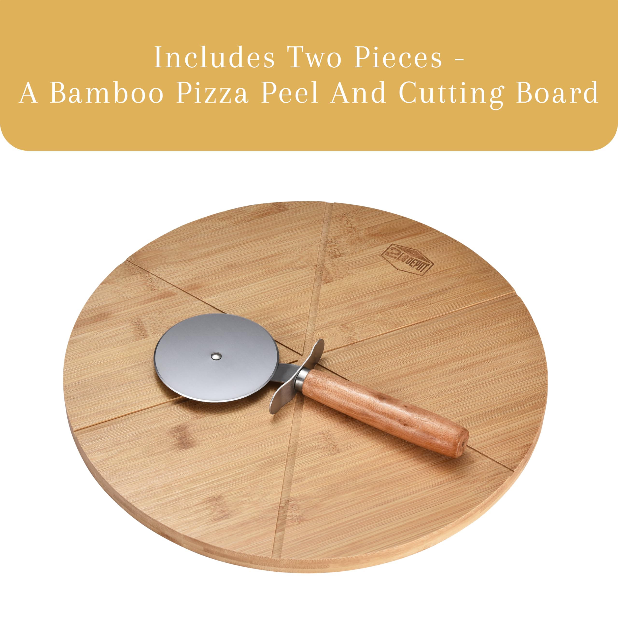2LB Depot Bamboo 13.5'' Round Cutting Board with Stainless Steel Cutter - Wood Pizza Cutting Board - Decorative Wooden Cutting Board - Multi-Use Pizza Slicing Tool & Serving Board for Kitchen