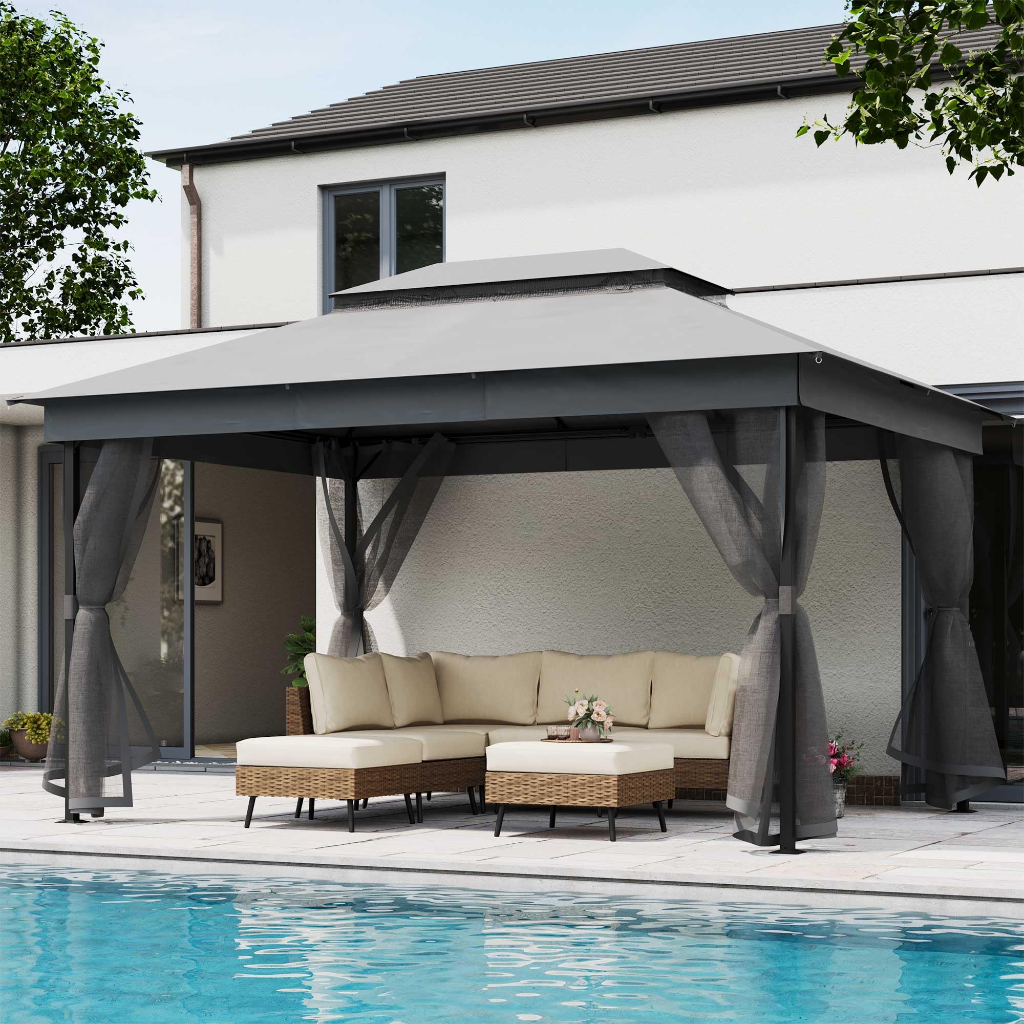 LAUSAINT HOME 10' X 13' Waterproof Patio Gazebo with Mosquito Netting, Double Roof Outdoor Gazebo Pavilion Shelter for Backyard, Garden, Lawn, Wedding