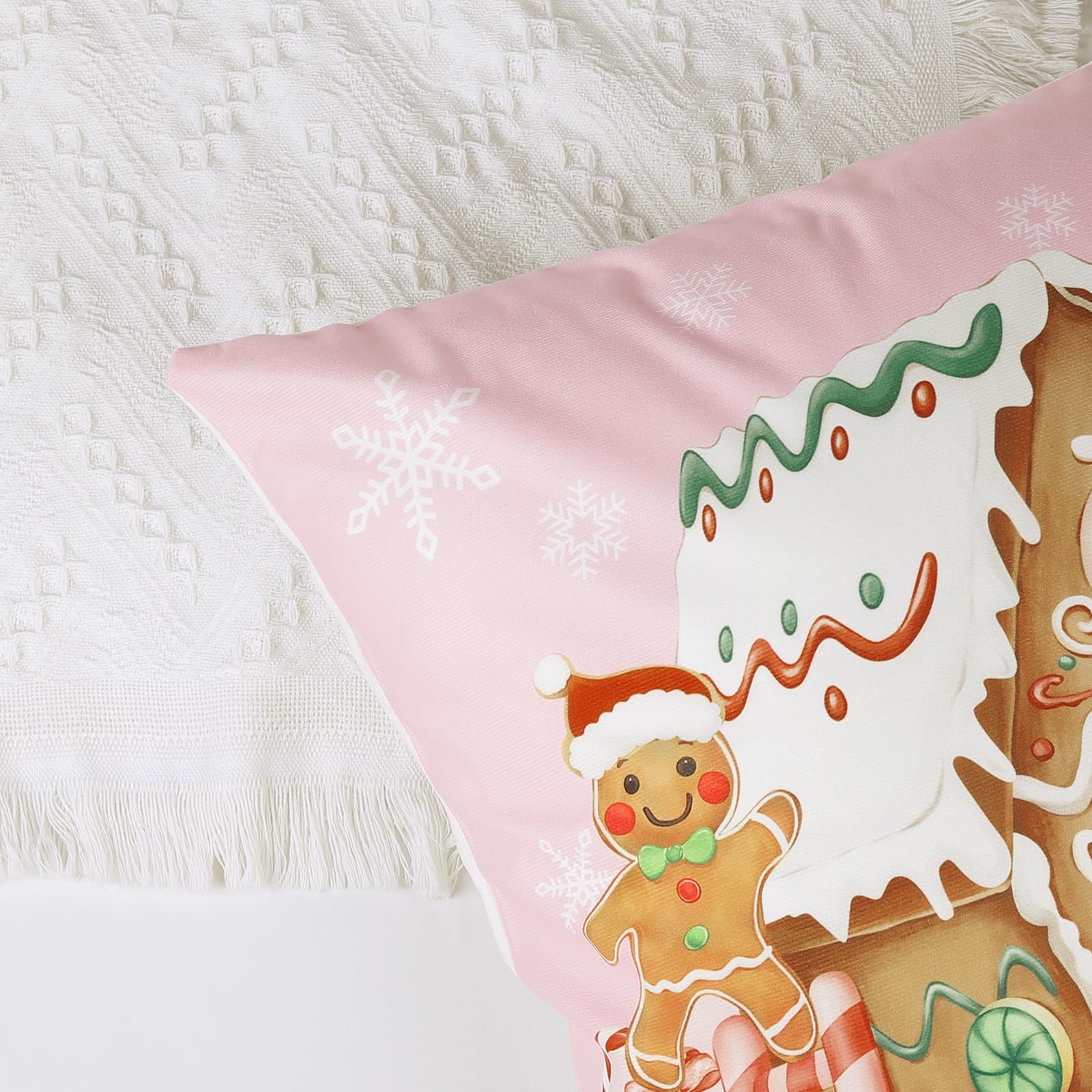 Bonhause Christmas Gingerbread Cushion Covers 45 x 45 cm Xmas Truck House Hot Cocoa Pink Decorative Throw Pillow Covers for Sofa Bed Home Winter Holiday Decor Set of 4 - Image 4