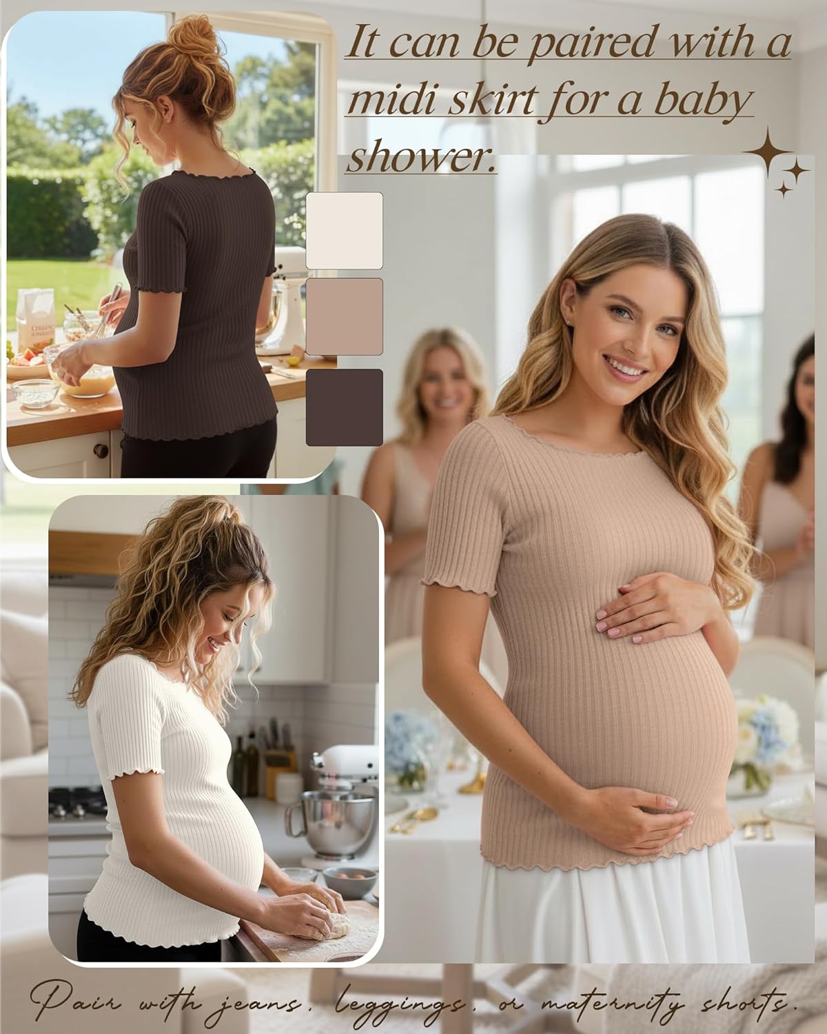 3 Pack Women's Maternity Ribbed Shirts Cotton Short Sleeve Pregnancy Tops Boat Neck Lettuce Trim Mama Clothes - Image 5