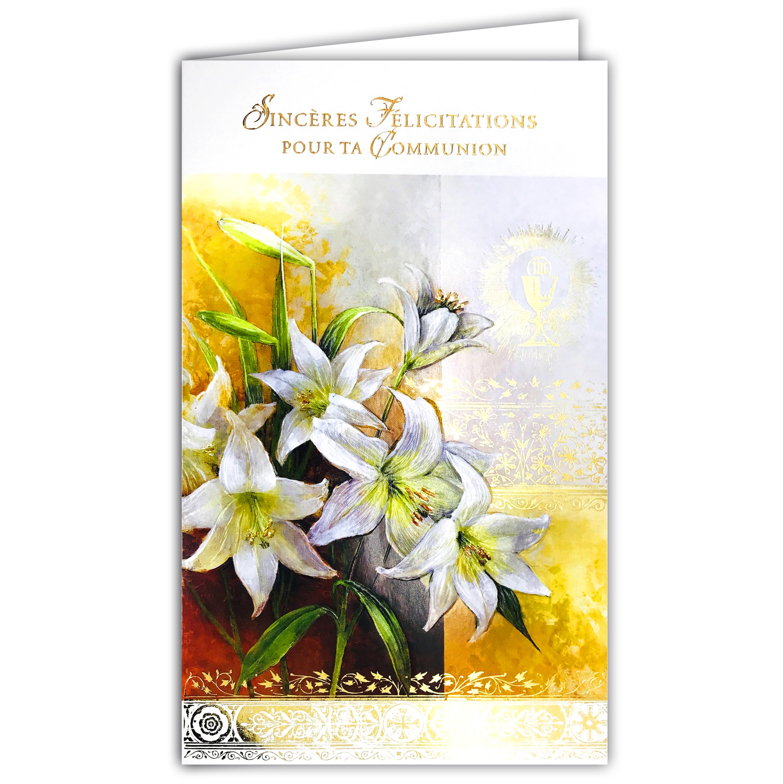 19-639 Card with Envelope Sincere Congratulations on Your Communion Boy Girl Christian Catholic Ostia Bread Wine Cup Chalice Ciborium Flowers White Lily Godfather Godmother – Made in Europe