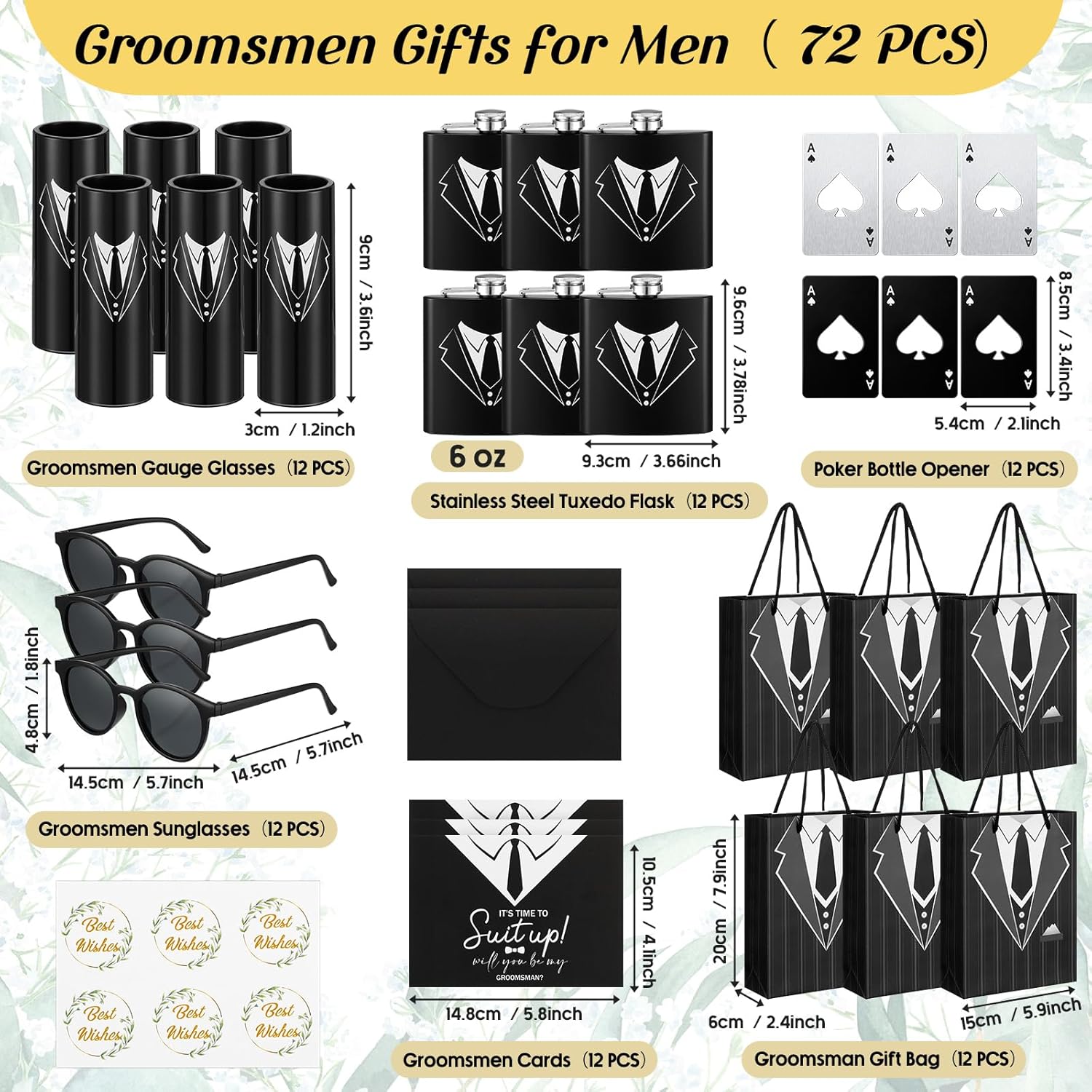Bokon Groomsmen Gifts for Men Stainless Steel Tuxedo Flask Groomsmen Gauge Glasses Poker Bottle Opener Groomsman Gift Bag Sunglasses with Cards for Wedding Bachelor Party Favors(72 Pcs)