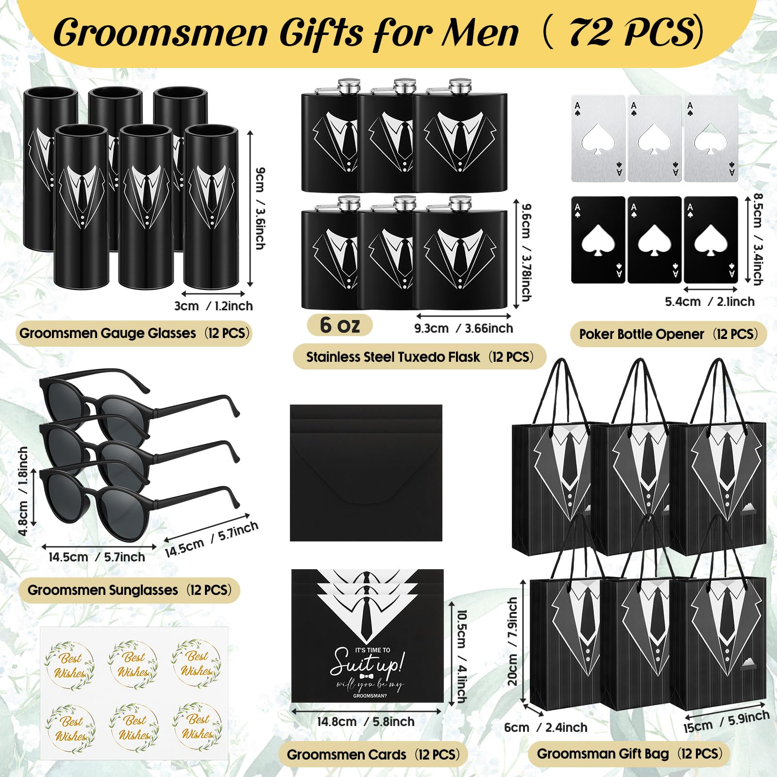 Bokon 72 Pcs Groomsmen Gifts for Men Stainless Steel Tuxedo Flask Groomsmen Gauge Glasses Poker Bottle Opener Groomsman Gift Bag Sunglasses with Cards for Wedding Bachelor Party Favors