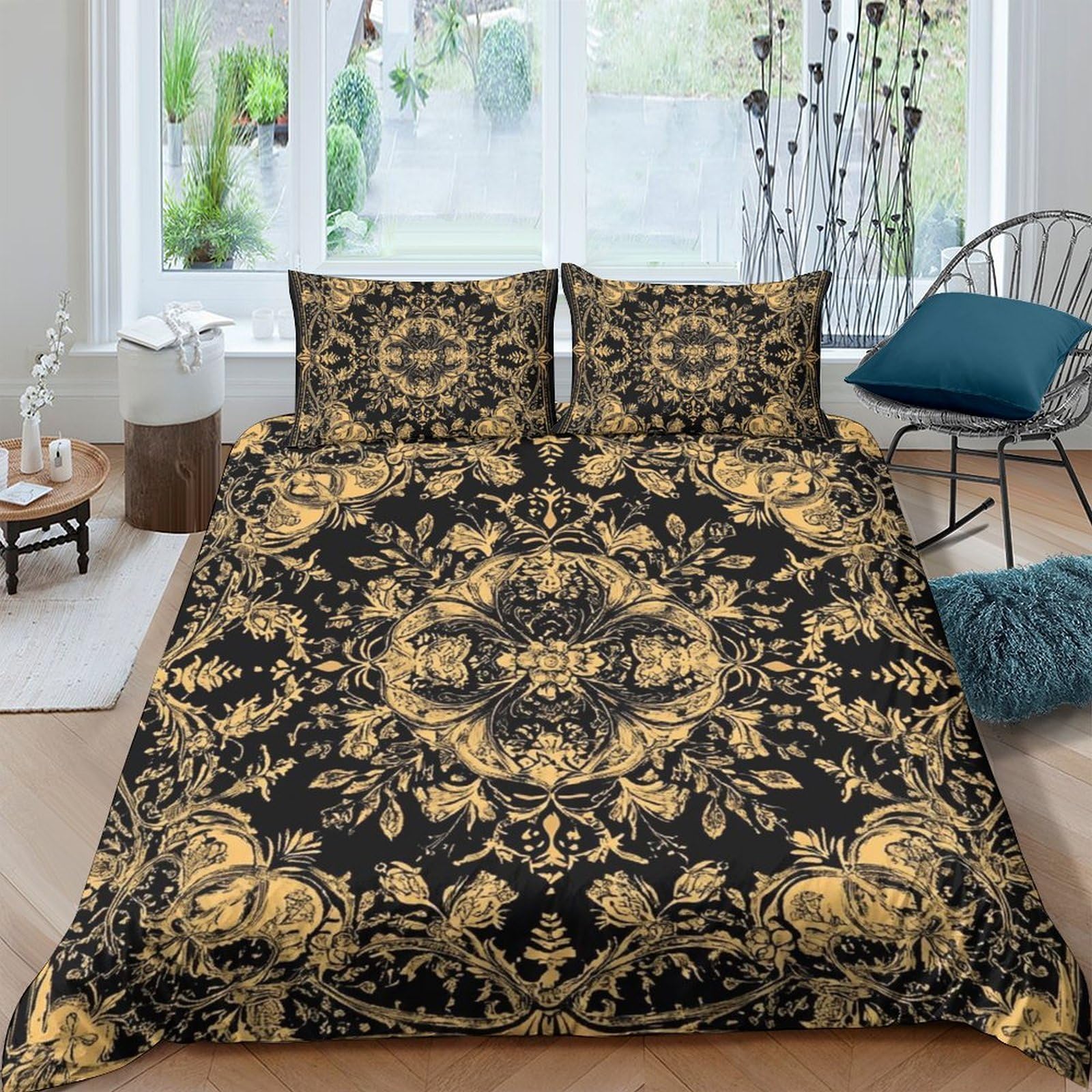 Ctjqhvkz Style-2 3D Printed Baroque Floral Fitted Sheet Microfiber Soft Gold Black Mandala Bed Cover For Bedroom Guest Room Decor Single（135X200cm）