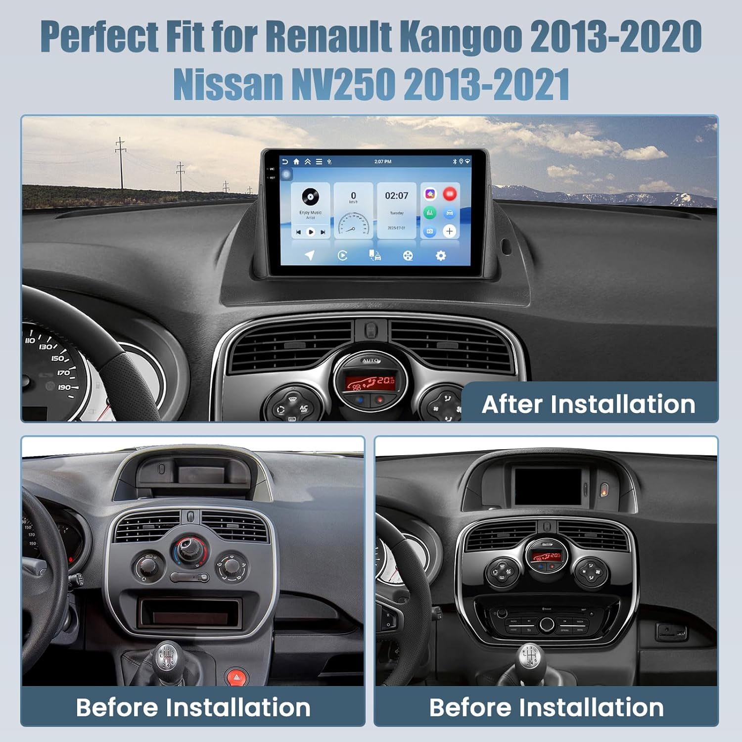 Before and after installation of the car radio in a Renault Kangoo dashboard