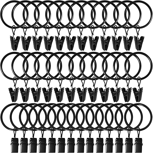 40 Pack Black Curtain Rings with Clips, Curtain Hooks Hangers Clip Rings for Hanging Drapes Bows Hat, Drapery Rings 1.26 in I D, Fits up to 1 in Diameter Curtain Rod.