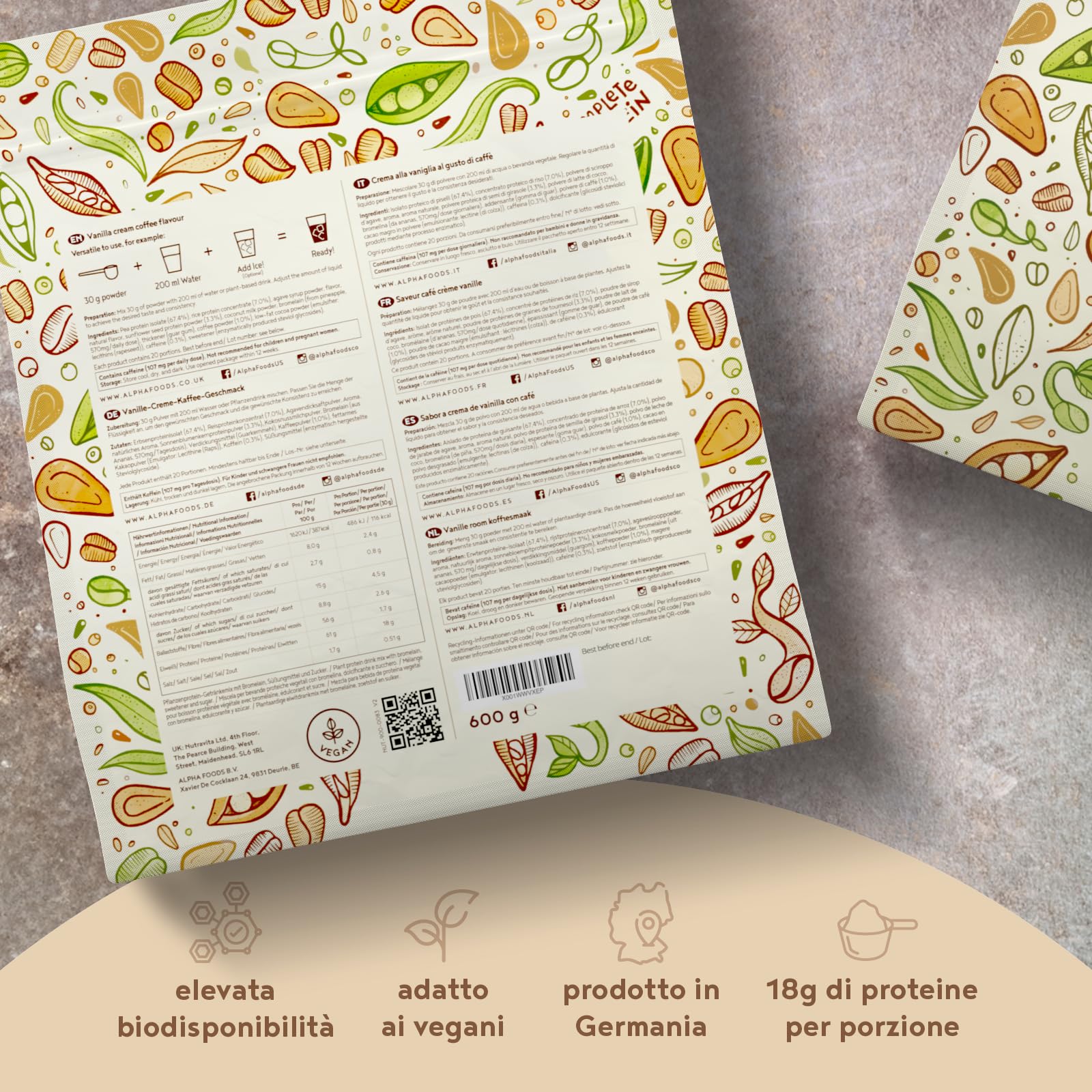 LIMITED EDITION Proteine in Polvere Vegane | Gusto Caffè Freddo | 18g Proteine Vegetali Isolate in Polvere di Pisello, Riso e Girasole | Massa Muscolare | 600g Vegan Protein Powder | Alpha Foods