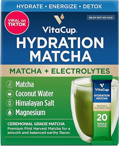 VitaCup Paquetes instantáneos de hidratación matcha, para energía natural y desintoxicación, con electrolitos, matcha orgánica de grado ceremonial,