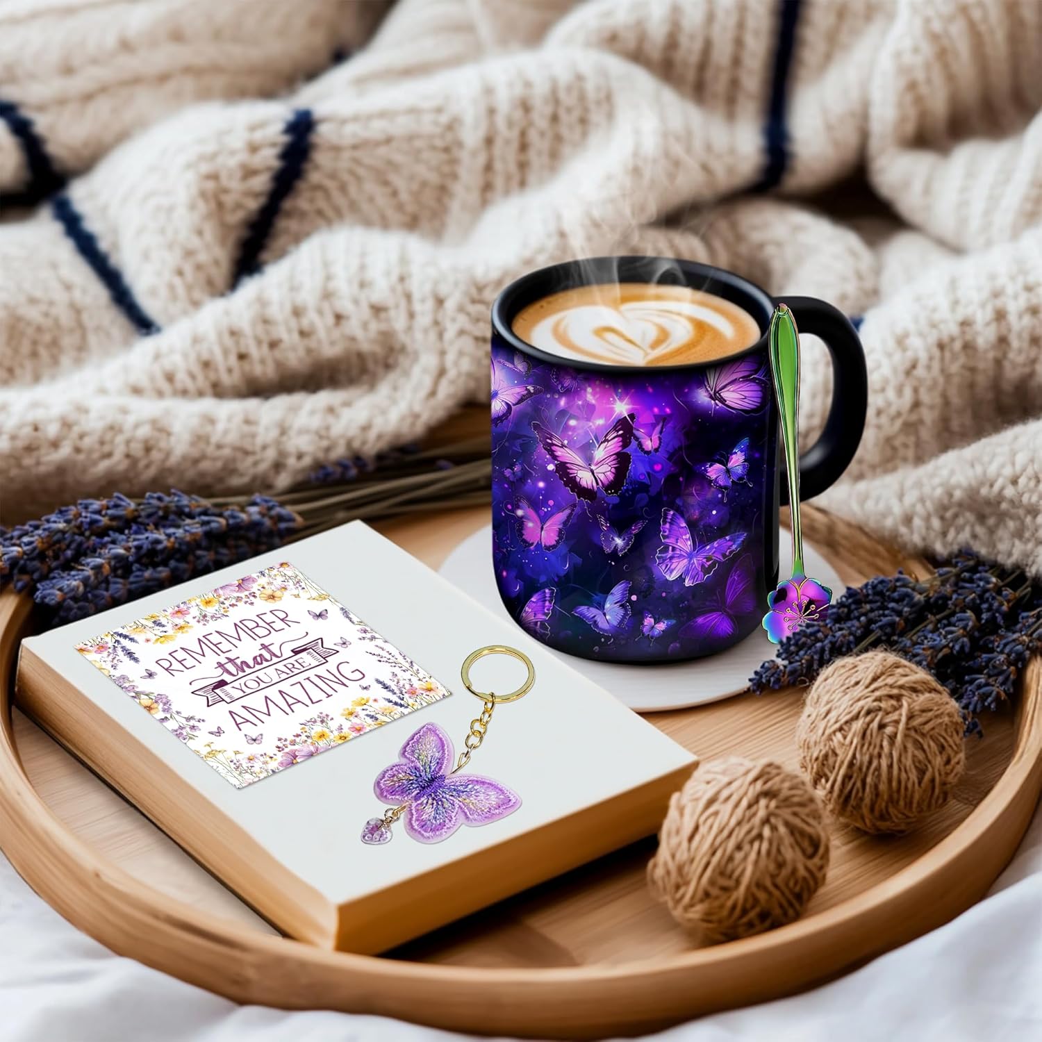 Hyturtle Butterfly Mug Set with Spoon & Keychain Gifts for Her, Christmas Birthday Gifts For Women Girls, Purple Night Butterflies Mug Set, Unique Gift Ideas For Friends 11oz Black Ceramic Tea Cup - Image 2