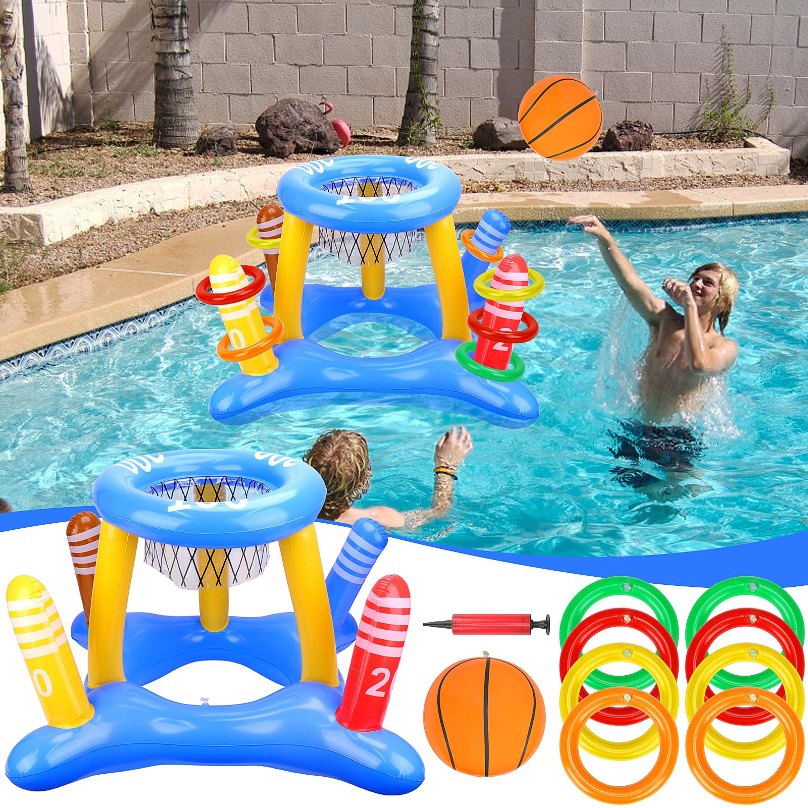 Homgaty Inflatable Pool Toys, 2-in-1 Inflatable Basketball Hoop & Ring Toss Yard Games, Kids Indoor Outdoor Water Play, Cool Spring Summer Swimming Pool Toys for 6 7 8 9 10 11 12 Yr Old Boy Girl