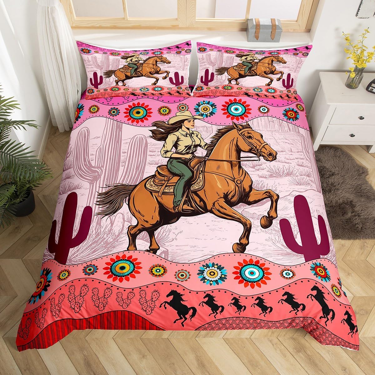 Cowgirls Bedding Sets Western Farmhouse Duvet Cover Toddler Size Desert Cactus Horse Animal Comforter Cover Rustic Farmstyle Bedspread Cover for Boys Teen Cowboy Retro Style Bedding Pink