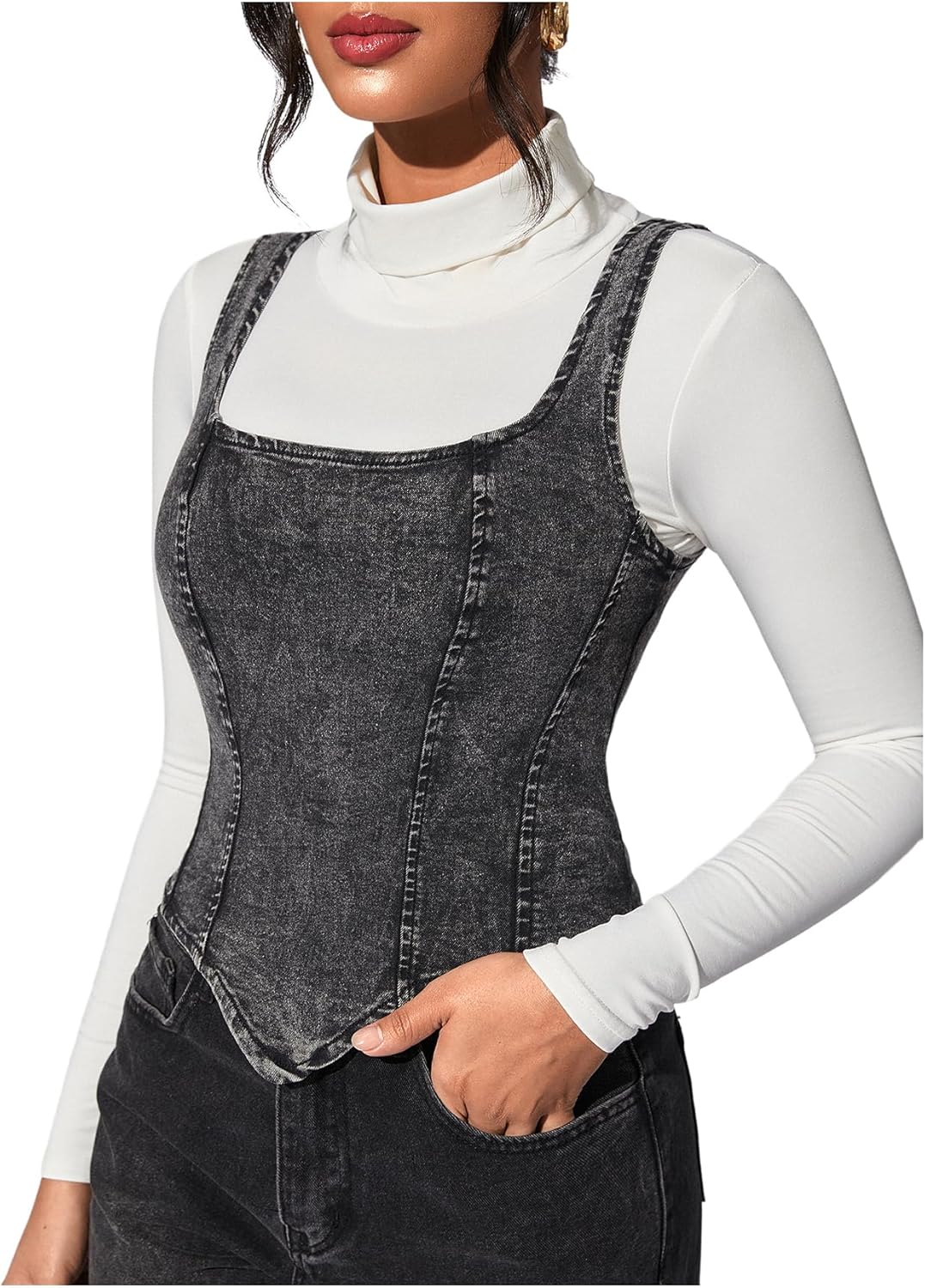 WDIRARA Women's Denim Corset Tank Top Asymmetrical Hem Crop Tops Sleeveless Zip Up Back Tanks - Image 2