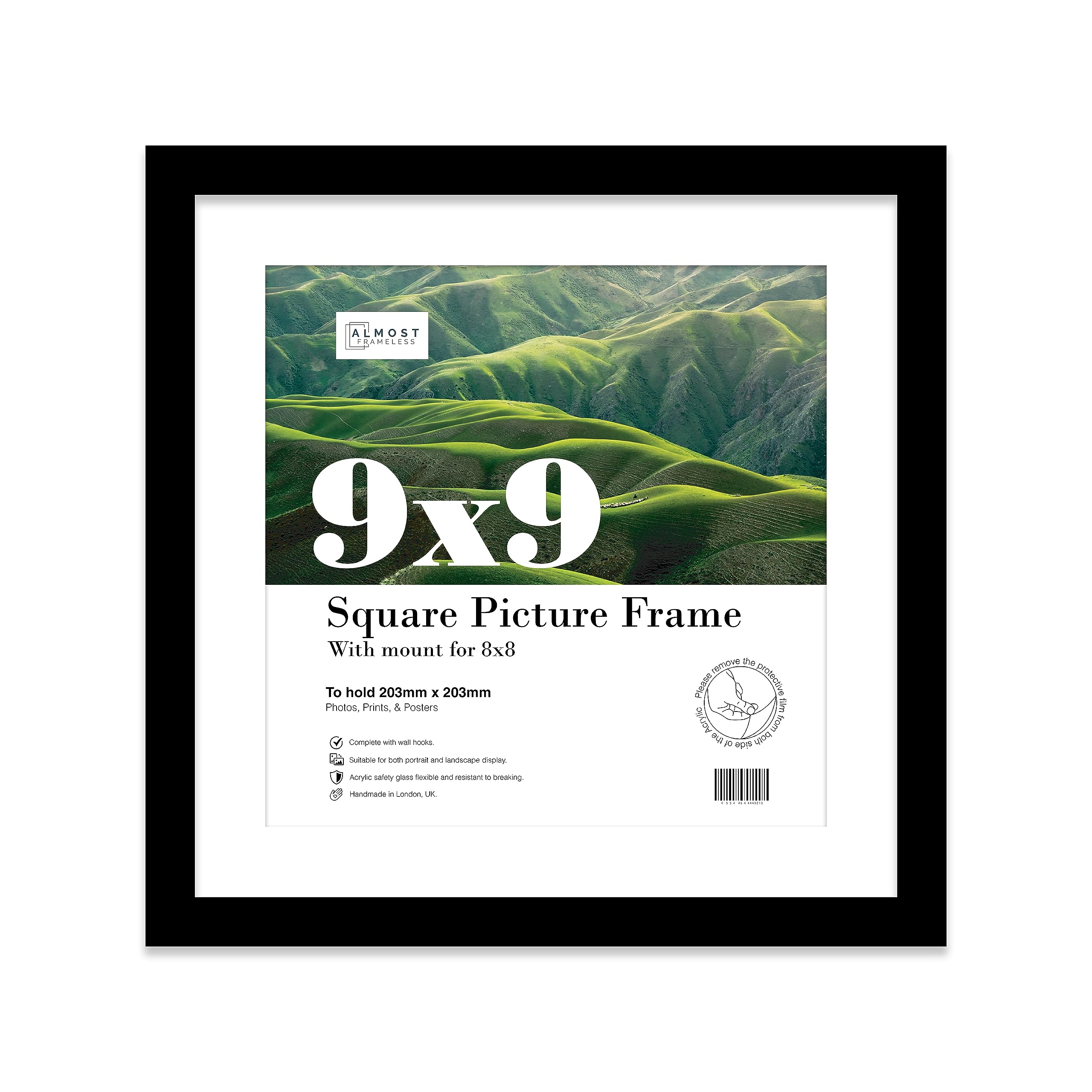Almost Frameless 9x9 Picture Frame, Display Pictures 8x8 With Mat or 9x9 Without Mat, Wall Hanging & Free Standing Photo Frame, Black, 1 Pack