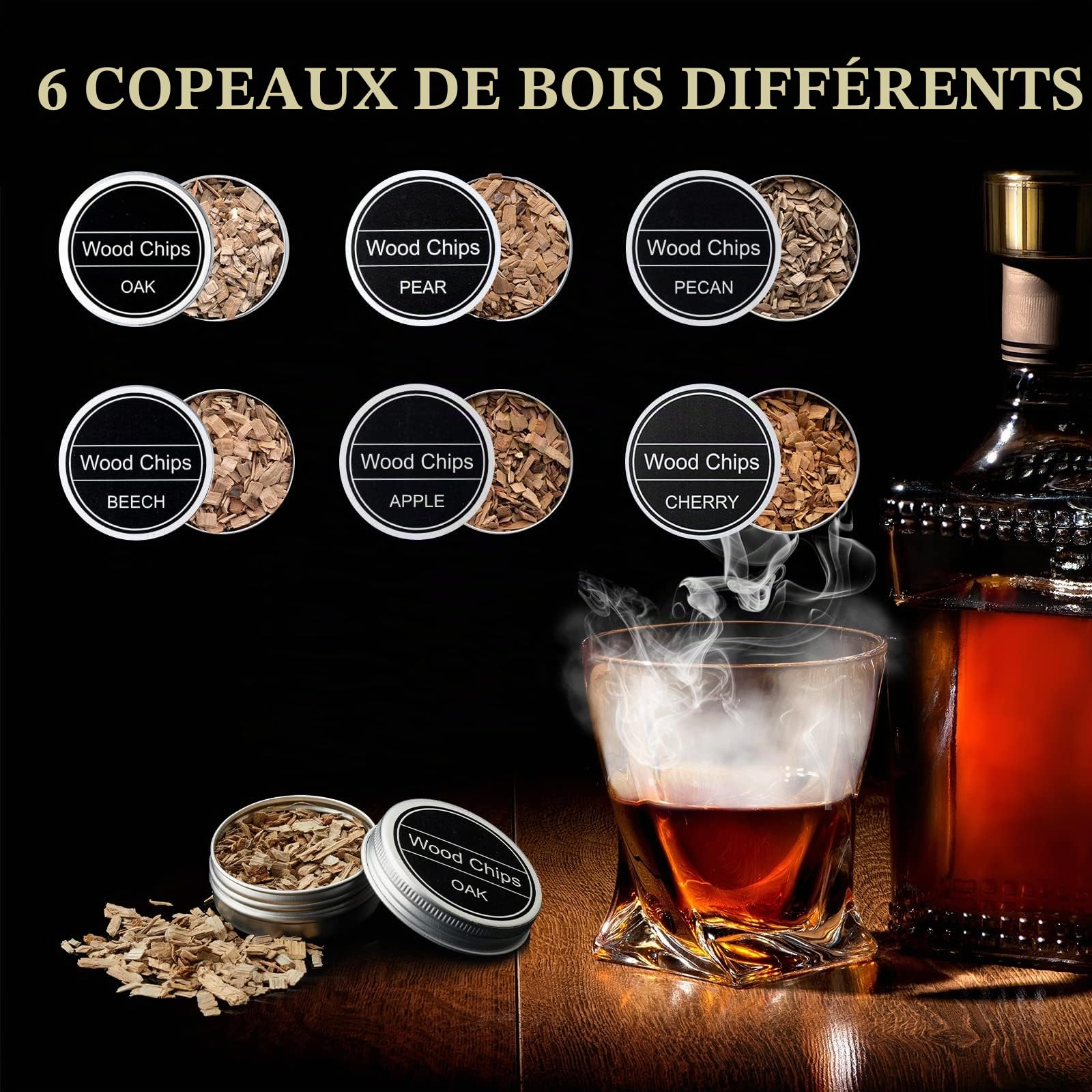 Kit Whisky Smoker – Coffret Old Fashioned Cocktail avec 6 copeaux de bois, 4 pierres à whisky en granit, brûleur & accessoires pour amateurs de cocktails et de whisky (sans Butane)