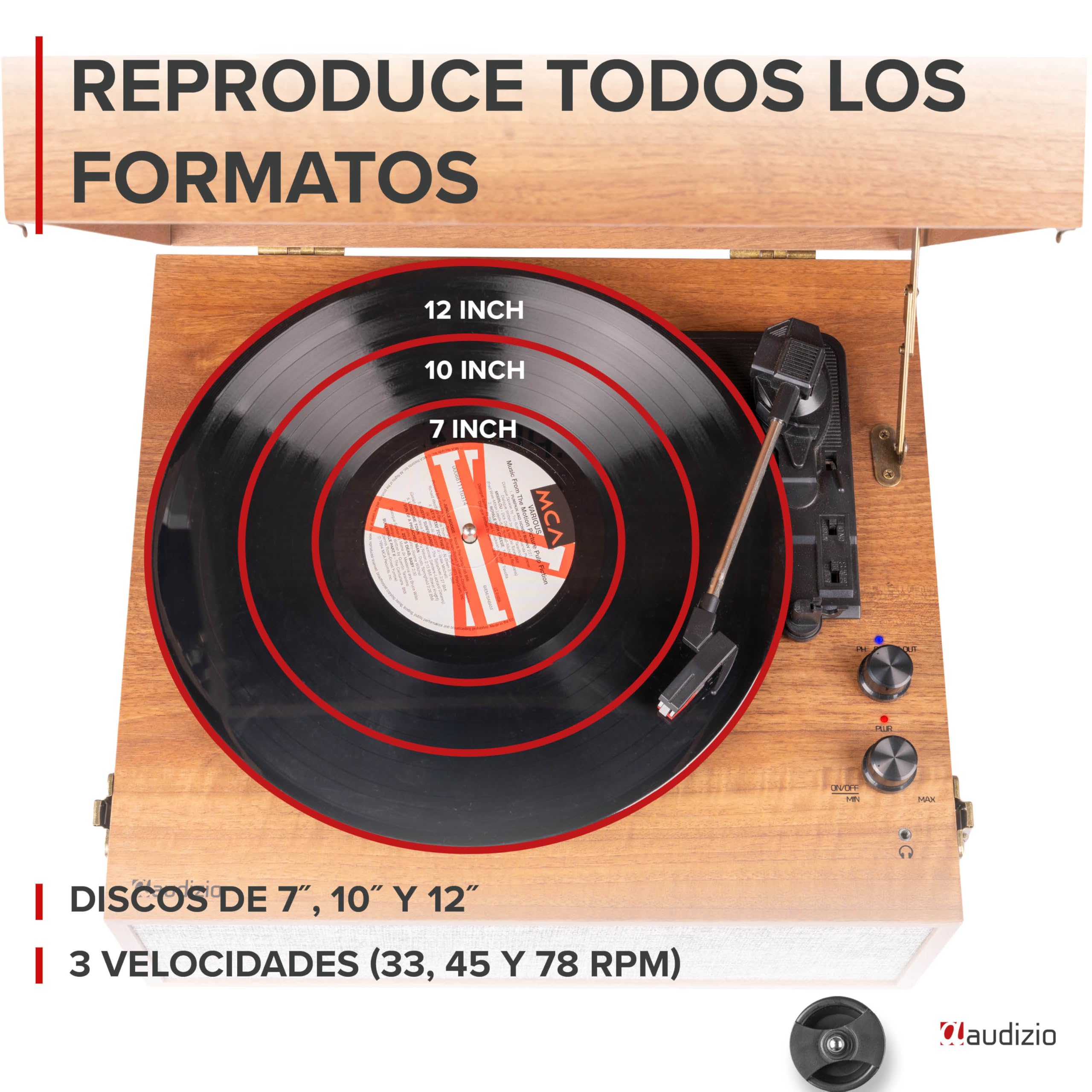 Audizio Fremont - Tocadiscos Retro con Patas de Madera, Bluetooth bidireccional, USB para digitalizar vinilos, Altavoces estéreo, RCA, 3 velocidades, Entrada AUX y Salida de Auriculares Color Madera